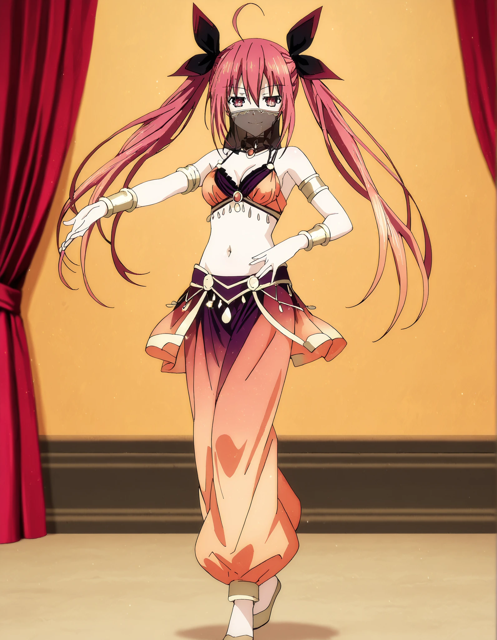 (1girl:1 . 5) , (Seul:1 . 5) , score_9 , score_8_haut , score_7_haut , source_anime , Official work  , ultra-detailed , masterpiece , best quality , high resolution , beaux yeux , detailed eyes , Detailed face , beautiful detailed eyes,1girl, long hair, red eyes, dress, twintails, ahoge, red hair, ribbon,Date A Live,Kotori Itsuka,Arabian Clothes , Arabian Dancer Outfit ,belly dancer costume,belly dancer outfit ,full body,golden jewelery,mouth veil,armlet, belly dancing,arabian theater,seductive smile, dancing with veil, dynamic movement,dance posture, seductive pose