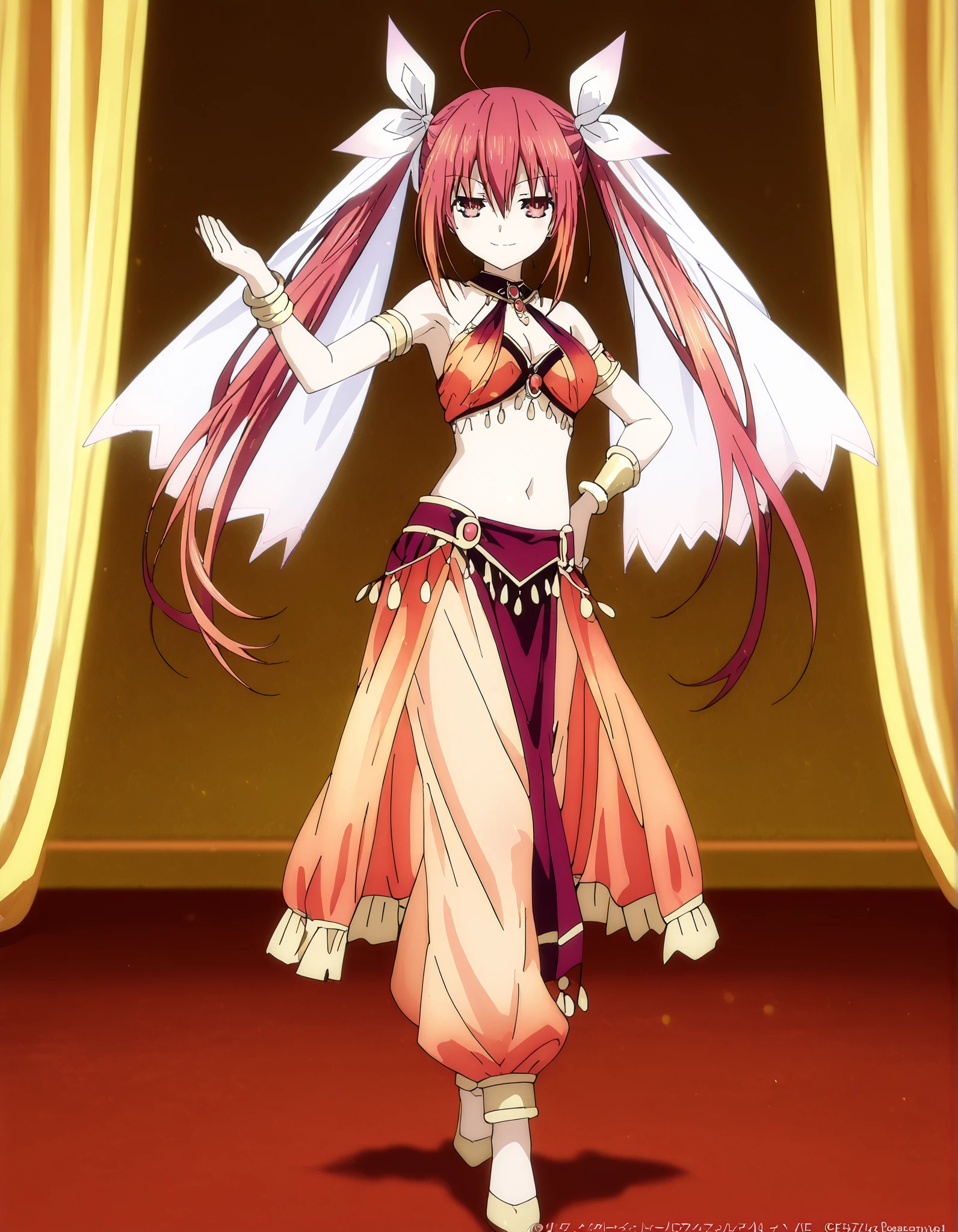 (1girl:1 . 5) , (Seul:1 . 5) , score_9 , score_8_haut , score_7_haut , source_anime , Official work  , ultra-detailed , masterpiece , best quality , high resolution , beaux yeux , detailed eyes , Detailed face , beautiful detailed eyes,1girl, long hair, red eyes, dress, twintails, ahoge, red hair, ribbon,Date A Live,Kotori Itsuka,Arabian Clothes , Arabian Dancer Outfit ,belly dancer costume,belly dancer outfit ,full body,golden jewelery,armlet, belly dancing,arabian theater,seductive smile, dancing with veil, dynamic movement,dance posture, seductive pose