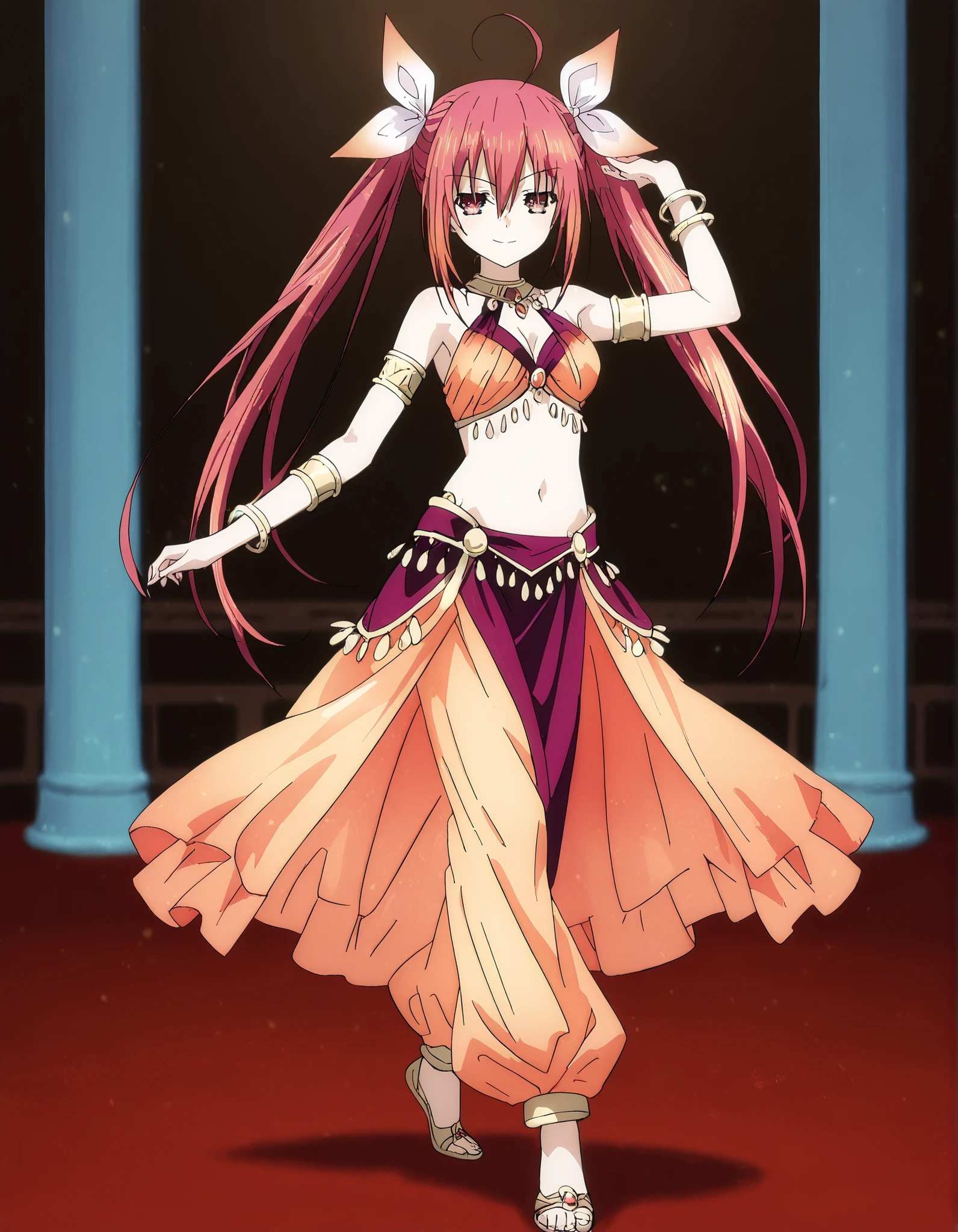 (1girl:1 . 5) , (Seul:1 . 5) , score_9 , score_8_haut , score_7_haut , source_anime , Official work  , ultra-detailed , masterpiece , best quality , high resolution , beaux yeux , detailed eyes , Detailed face , beautiful detailed eyes,1girl, long hair, red eyes, dress, twintails, ahoge, red hair, ribbon,Date A Live,Kotori Itsuka,Arabian Clothes , Arabian Dancer Outfit ,belly dancer costume,belly dancer outfit ,full body,golden jewelery,armlet, belly dancing,arabian theater,seductive smile, dancing with veil, dynamic movement,dance posture, seductive pose