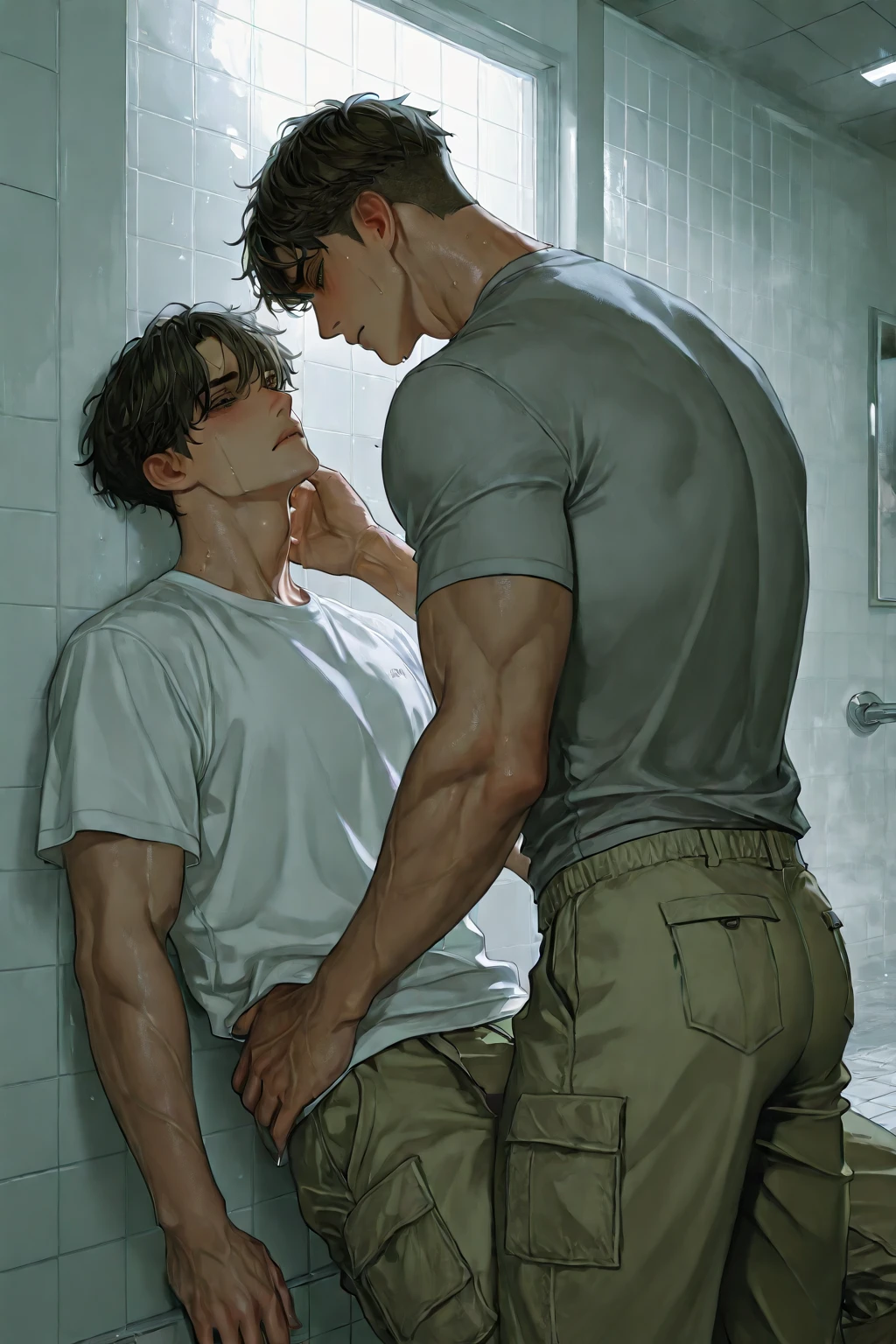 best quality, masterpiece, stocky man, (short blond hair), wearing damaged metal armor, no bottoms, with another man, , legs up, grab , , projectile , bukakke, facial, head turns sideway, eyes closed, bites lip, blushing, , gay, homoerotic, extremely dramatic shadows, front view, , perfection, no watermark, no logo, no signature