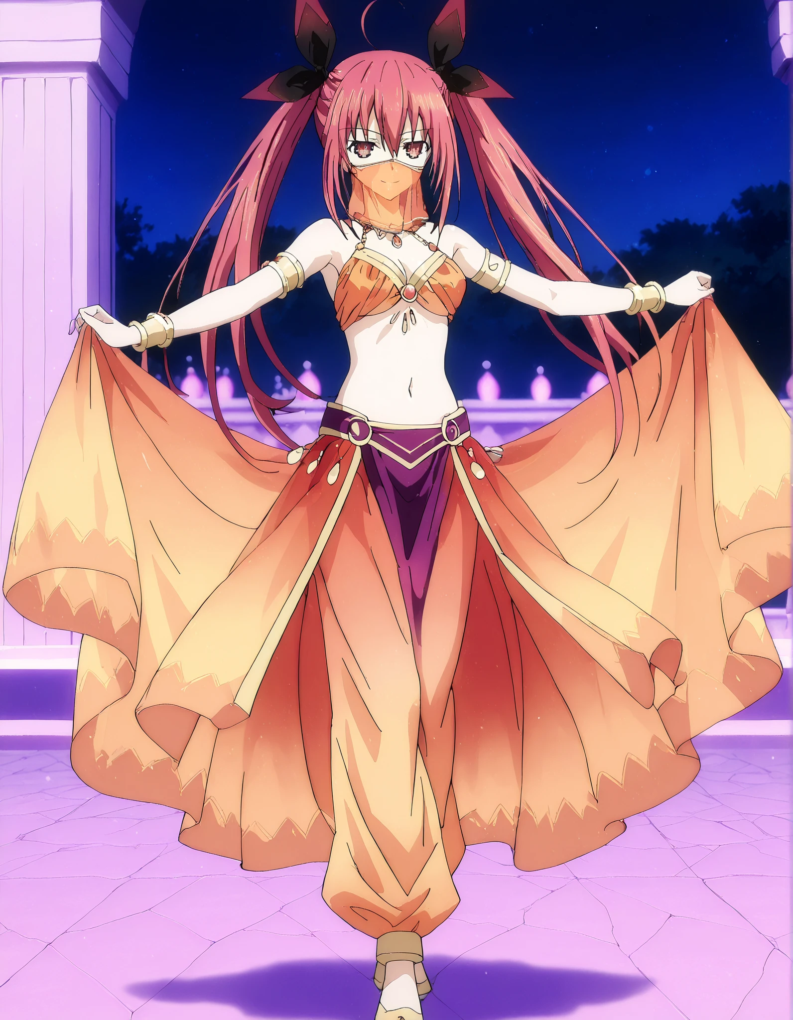 (1girl:1 . 5) , (Seul:1 . 5) , score_9 , score_8_haut , score_7_haut , source_anime , Official work  , ultra-detailed , masterpiece , best quality , high resolution , beaux yeux , detailed eyes , Detailed face , beautiful detailed eyes,1girl, long hair, red eyes, dress, twintails, ahoge, red hair, ribbon,Date A Live,Kotori Itsuka,Arabian Clothes , Arabian Dancer Outfit ,belly dancer costume,belly dancer outfit ,full body,golden jewelery,mouth veil,armlet, belly dancing,night,arabian garden,seductive smile, dancing with veil, dynamic movement,dance posture, seductive pose
