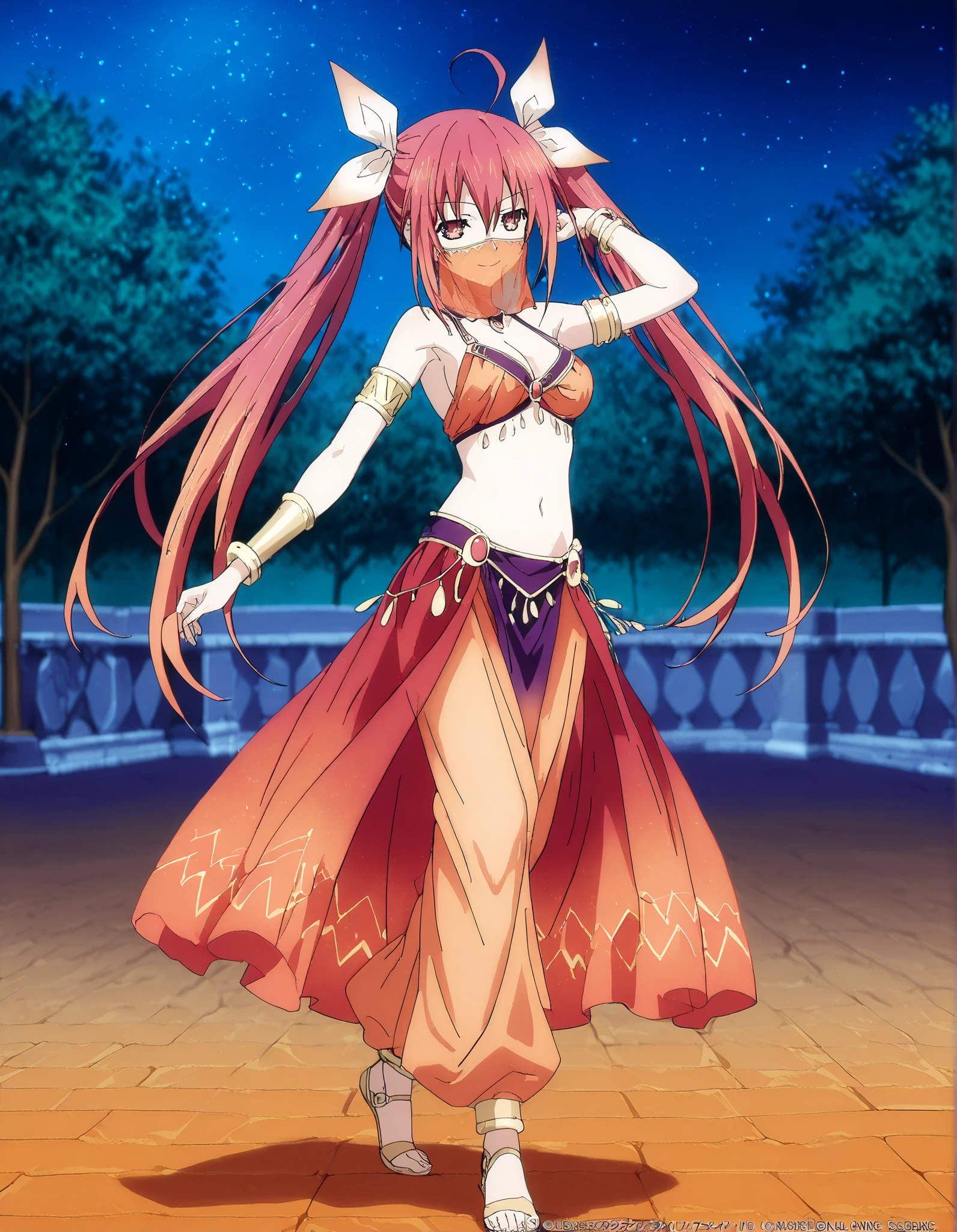 (1girl:1 . 5) , (Seul:1 . 5) , score_9 , score_8_haut , score_7_haut , source_anime , Official work  , ultra-detailed , masterpiece , best quality , high resolution , beaux yeux , detailed eyes , Detailed face , beautiful detailed eyes,1girl, long hair, red eyes, dress, twintails, ahoge, red hair, ribbon,Date A Live,Kotori Itsuka,Arabian Clothes , Arabian Dancer Outfit ,belly dancer costume,belly dancer outfit ,full body,golden jewelery,mouth veil,armlet, belly dancing,night,arabian garden,seductive smile, dancing with veil, dynamic movement,dance posture, seductive pose