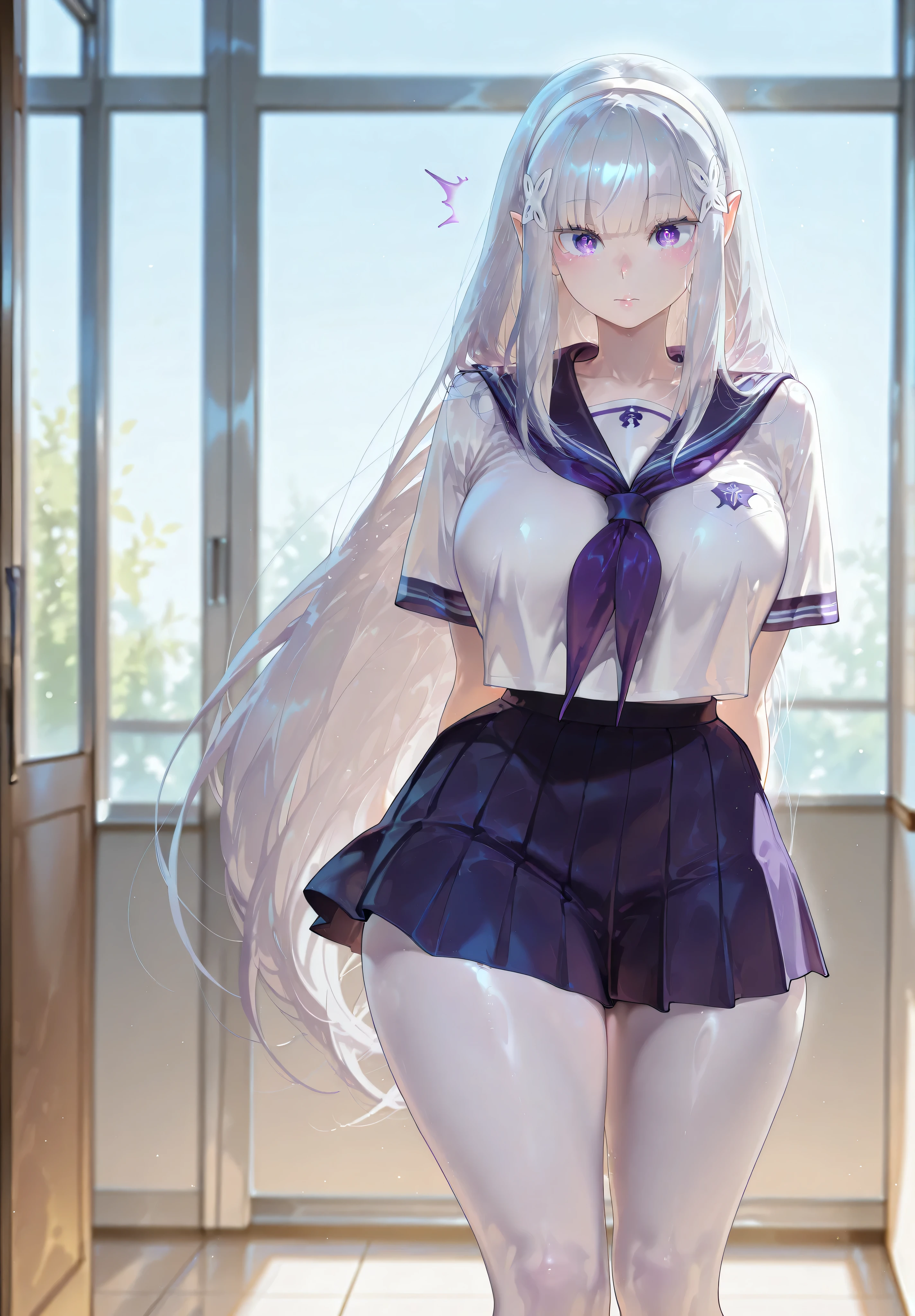 safe_pos, 1girl, Balecxi_Style, Emilia \(Re Zero)\, solo female, no background, day time, indoor, standing, standing straight, big breasts, silver hair, long hair, purple eyes, curvy, thick thighs, long legs, school uniform, mini skirt, bare legs, elf, elf ears, white skin, pointy ears, eyes showing through hair, cute expression, lips, surprised expresion, mouth closed, hands behind her back, detailed eyes, looking to the viewer, viewer in front, (masterpiece, best quality, absurdres, highres, very aesthetic, sensitive, high-quality eyes, focus on eyes, perfect eyes)