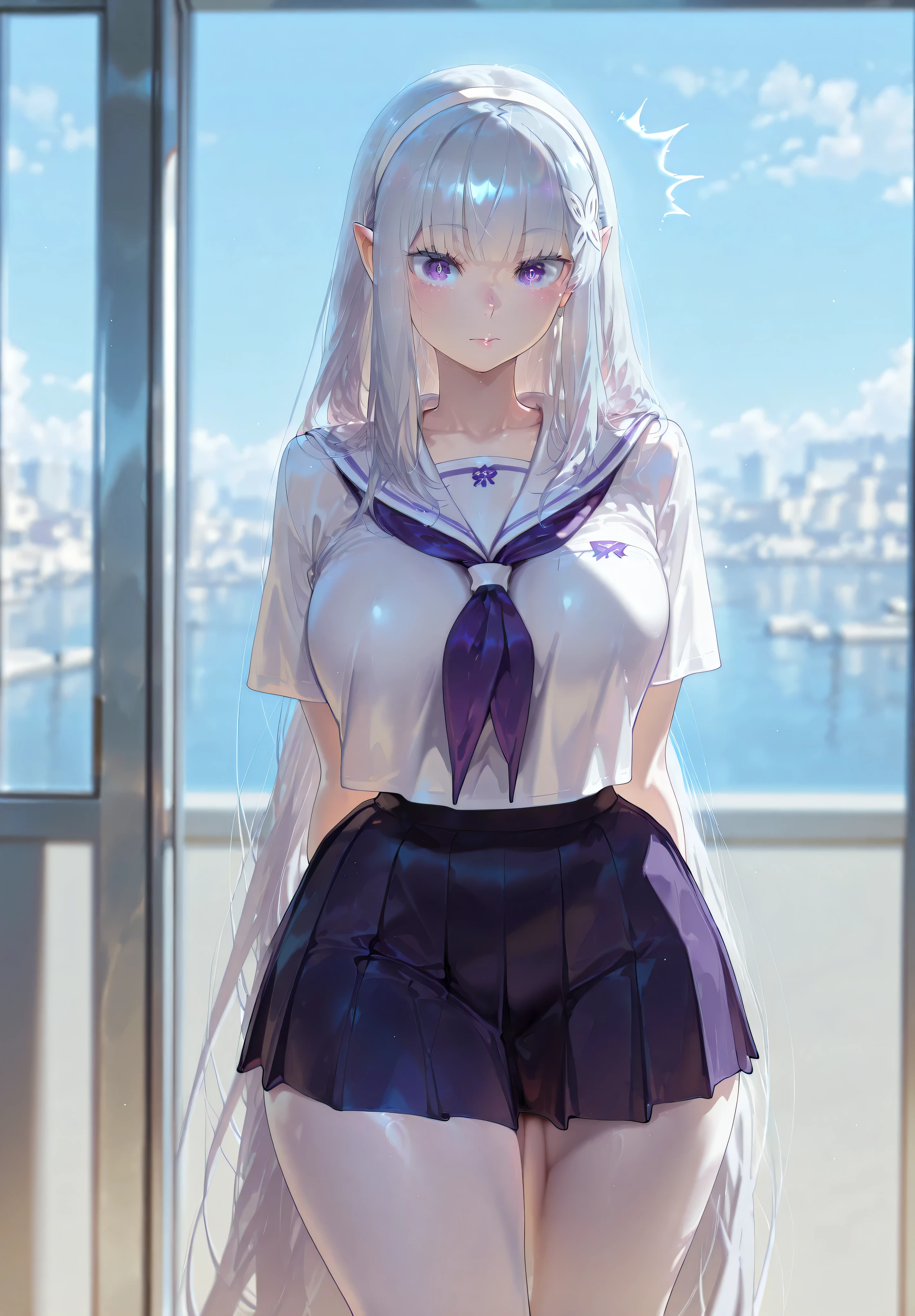 safe_pos, 1girl, Balecxi_Style, Emilia \(Re Zero)\, solo female, no background, day time, indoor, standing, standing straight, big breasts, silver hair, long hair, purple eyes, curvy, thick thighs, long legs, school uniform, mini skirt, bare legs, elf, elf ears, white skin, pointy ears, eyes showing through hair, cute expression, lips, surprised expresion, mouth closed, hands behind her back, detailed eyes, looking to the viewer, viewer in front, (masterpiece, best quality, absurdres, highres, very aesthetic, sensitive, high-quality eyes, focus on eyes, perfect eyes)