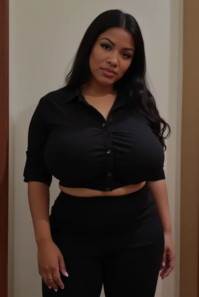 Black girl , wavy hair , big eyes , brown eyes , thick body, ???? body ,realistic , human , wearing pants and a shirt 