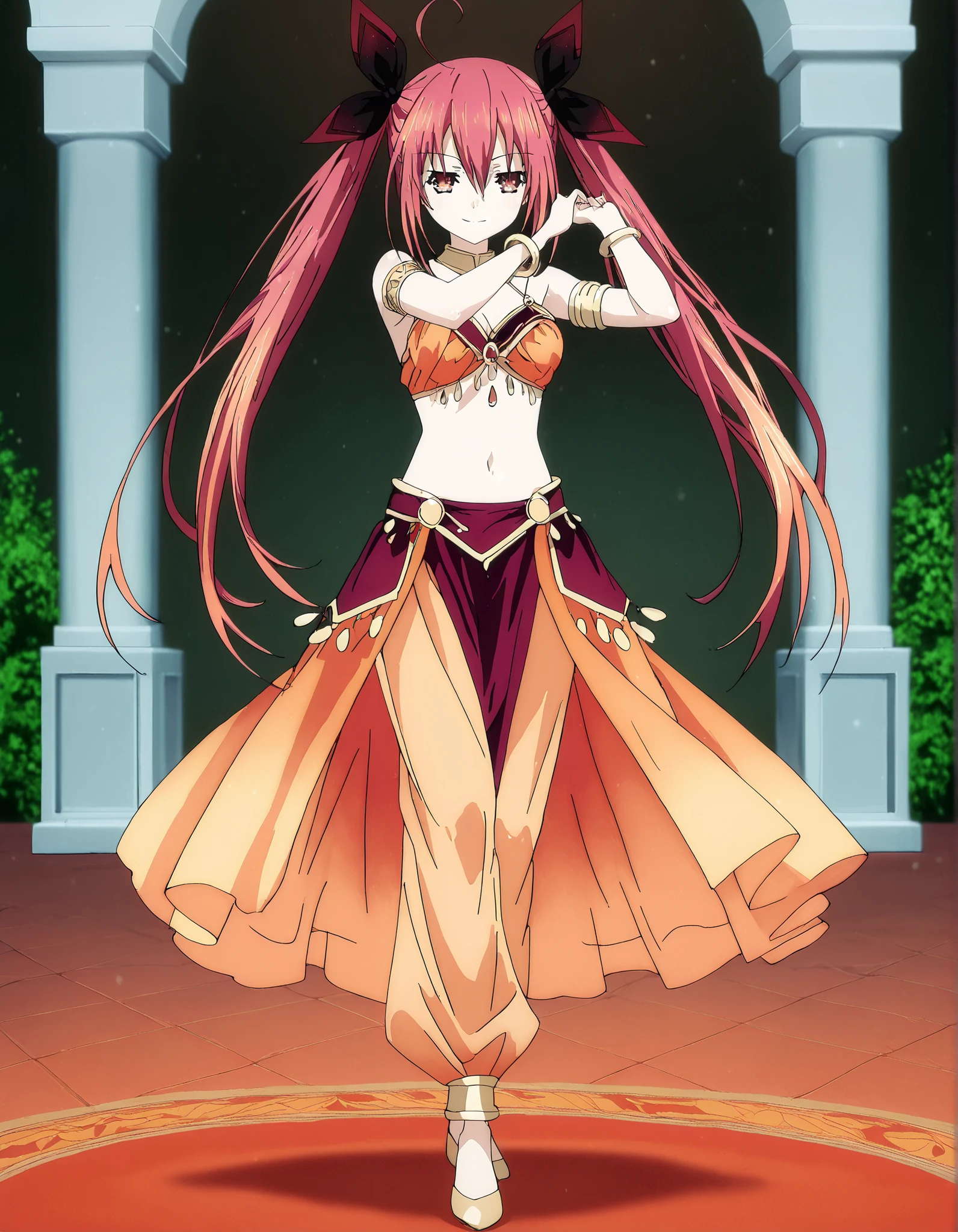 (1girl:1 . 5) , (Seul:1 . 5) , score_9 , score_8_haut , score_7_haut , source_anime , Official work  , ultra-detailed , masterpiece , best quality , high resolution , beaux yeux , detailed eyes , Detailed face , beautiful detailed eyes,1girl, long hair, red eyes, dress, twintails, ahoge, red hair, ribbon,Date A Live,Kotori Itsuka,Arabian Clothes , Arabian Dancer Outfit ,belly dancer costume,belly dancer outfit ,full body,golden jewelery,armlet, belly dancing,arabian garden,seductive smile, dancing with veil, dynamic movement,dance posture, seductive pose