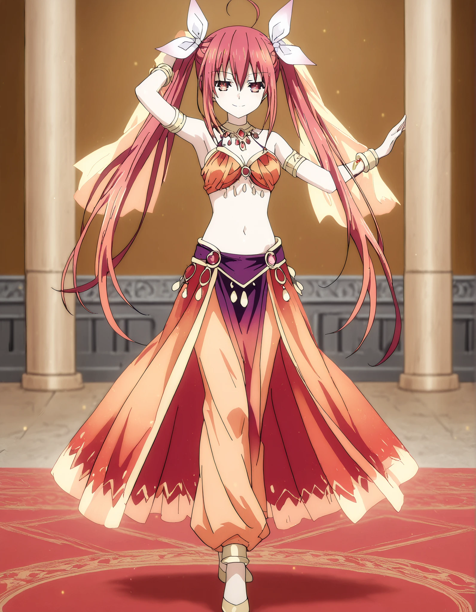 (1girl:1 . 5) , (Seul:1 . 5) , score_9 , score_8_haut , score_7_haut , source_anime , Official work  , ultra-detailed , masterpiece , best quality , high resolution , beaux yeux , detailed eyes , Detailed face , beautiful detailed eyes,1girl, long hair, red eyes, dress, twintails, ahoge, red hair, ribbon,Date A Live,Kotori Itsuka,Arabian Clothes , Arabian Dancer Outfit ,belly dancer costume,belly dancer outfit ,full body,golden jewelery,armlet, belly dancing,arabian garden,seductive smile, dancing with veil, dynamic movement,dance posture, seductive pose