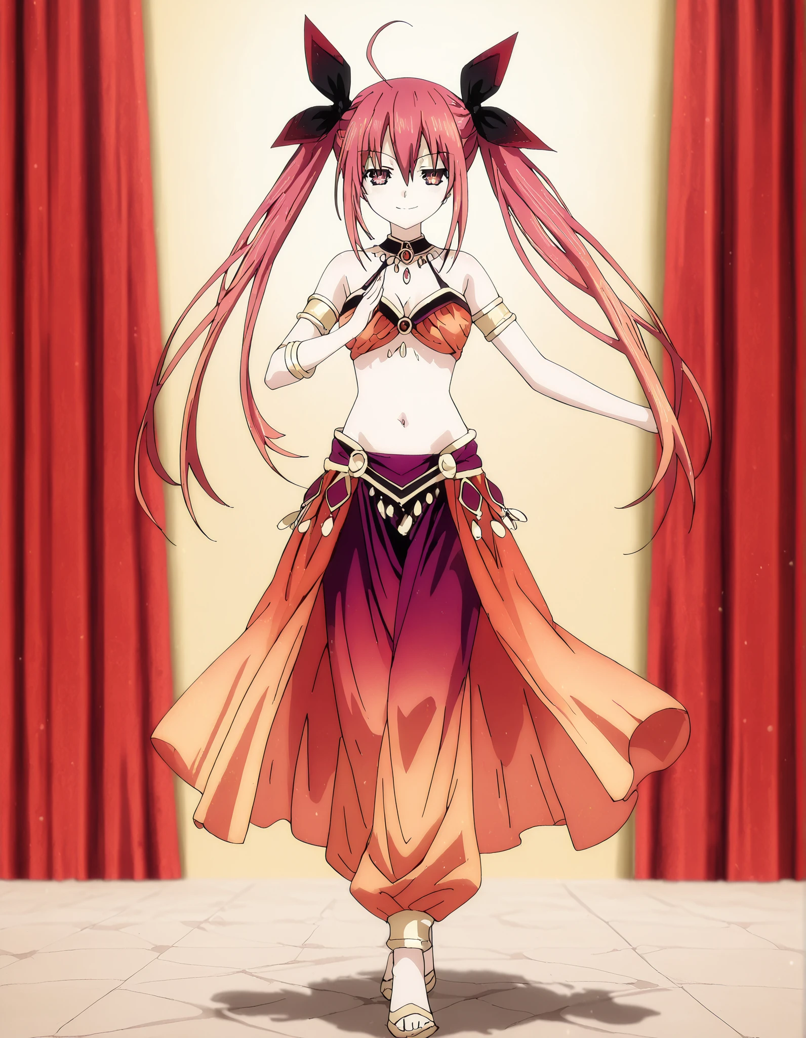 (1girl:1 . 5) , (Seul:1 . 5) , score_9 , score_8_haut , score_7_haut , source_anime , Official work  , ultra-detailed , masterpiece , best quality , high resolution , beaux yeux , detailed eyes , Detailed face , beautiful detailed eyes,1girl, long hair, red eyes, dress, twintails, ahoge, red hair, ribbon,Date A Live,Kotori Itsuka,Arabian Clothes , Arabian Dancer Outfit ,belly dancer costume,belly dancer outfit ,full body,golden jewelery,armlet, belly dancing,arabian garden,seductive smile, dancing with veil, dynamic movement,dance posture, seductive pose