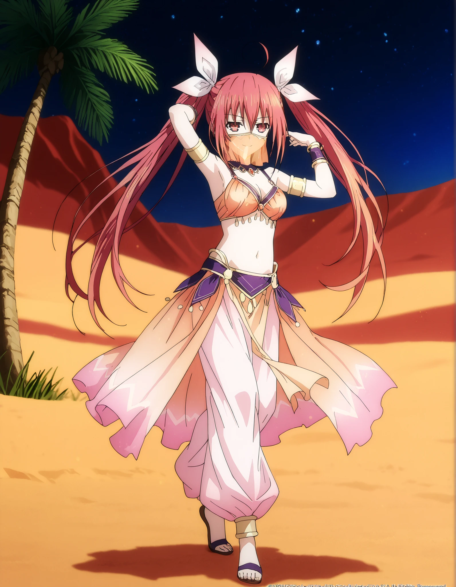 (1girl:1 . 5) , (Seul:1 . 5) , score_9 , score_8_haut , score_7_haut , source_anime , Official work  , ultra-detailed , masterpiece , best quality , high resolution , beaux yeux , detailed eyes , Detailed face , beautiful detailed eyes,1girl, long hair, red eyes, dress, twintails, ahoge, red hair, ribbon,Date A Live,Kotori Itsuka,Arabian Clothes , Arabian Dancer Outfit ,belly dancer costume,belly dancer outfit ,full body,golden jewelery,mouth veil,armlet, belly dancing,night,desert lands,palm tree,seductive smile, dancing with veil, dynamic movement,dance posture, seductive pose