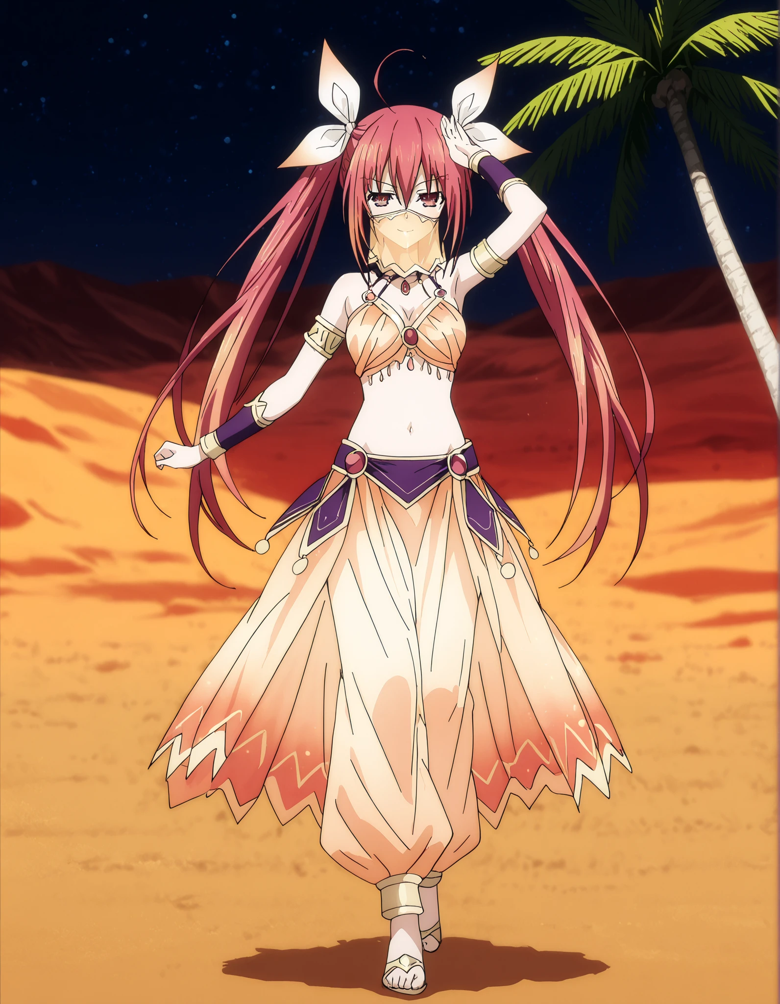 (1girl:1 . 5) , (Seul:1 . 5) , score_9 , score_8_haut , score_7_haut , source_anime , Official work  , ultra-detailed , masterpiece , best quality , high resolution , beaux yeux , detailed eyes , Detailed face , beautiful detailed eyes,1girl, long hair, red eyes, dress, twintails, ahoge, red hair, ribbon,Date A Live,Kotori Itsuka,Arabian Clothes , Arabian Dancer Outfit ,belly dancer costume,belly dancer outfit ,full body,golden jewelery,mouth veil,armlet, belly dancing,night,desert lands,palm tree,seductive smile, dancing with veil, dynamic movement,dance posture, seductive pose