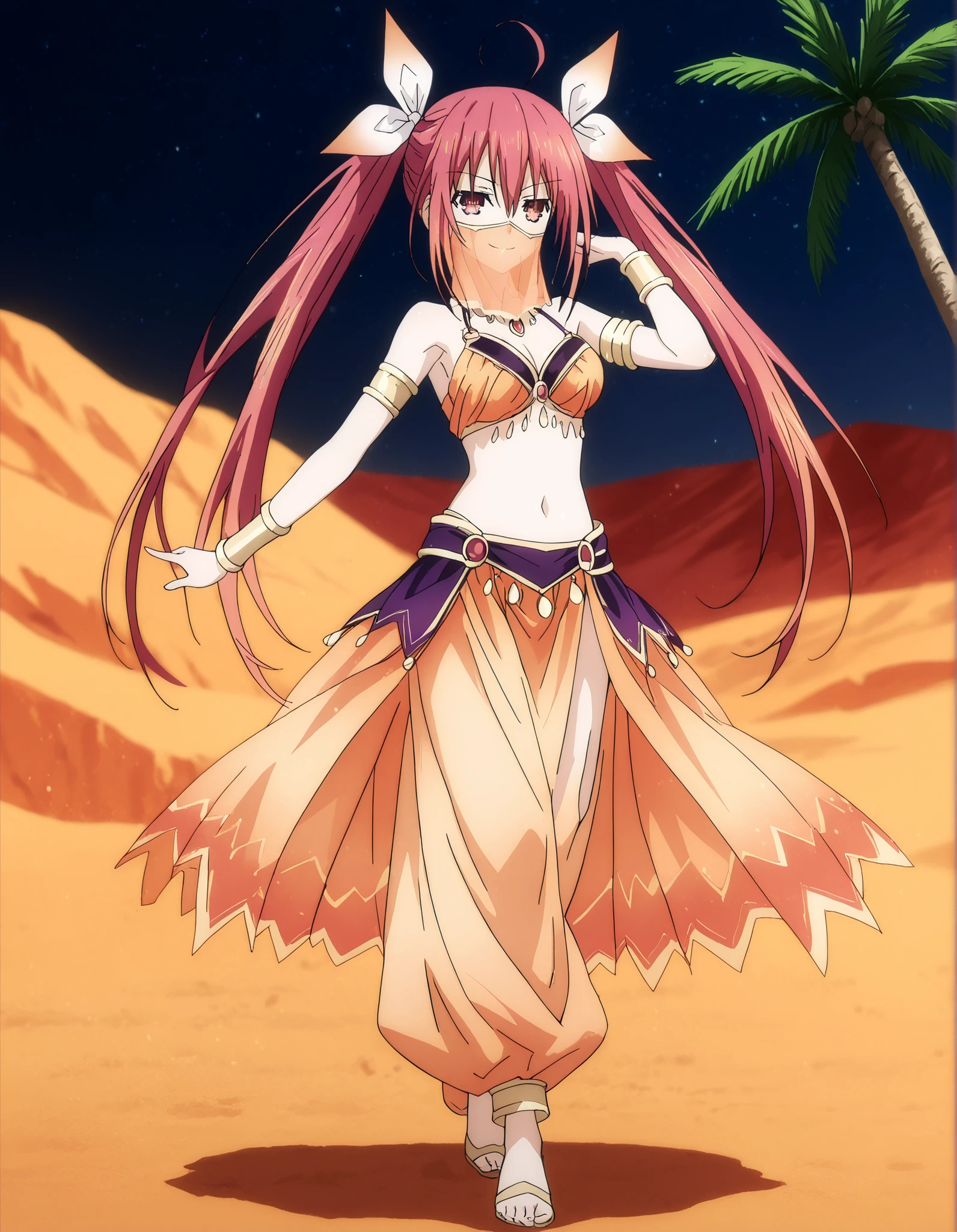 (1girl:1 . 5) , (Seul:1 . 5) , score_9 , score_8_haut , score_7_haut , source_anime , Official work  , ultra-detailed , masterpiece , best quality , high resolution , beaux yeux , detailed eyes , Detailed face , beautiful detailed eyes,1girl, long hair, red eyes, dress, twintails, ahoge, red hair, ribbon,Date A Live,Kotori Itsuka,Arabian Clothes , Arabian Dancer Outfit ,belly dancer costume,belly dancer outfit ,full body,golden jewelery,mouth veil,armlet, belly dancing,night,desert lands,palm tree,seductive smile, dancing with veil, dynamic movement,dance posture, seductive pose
