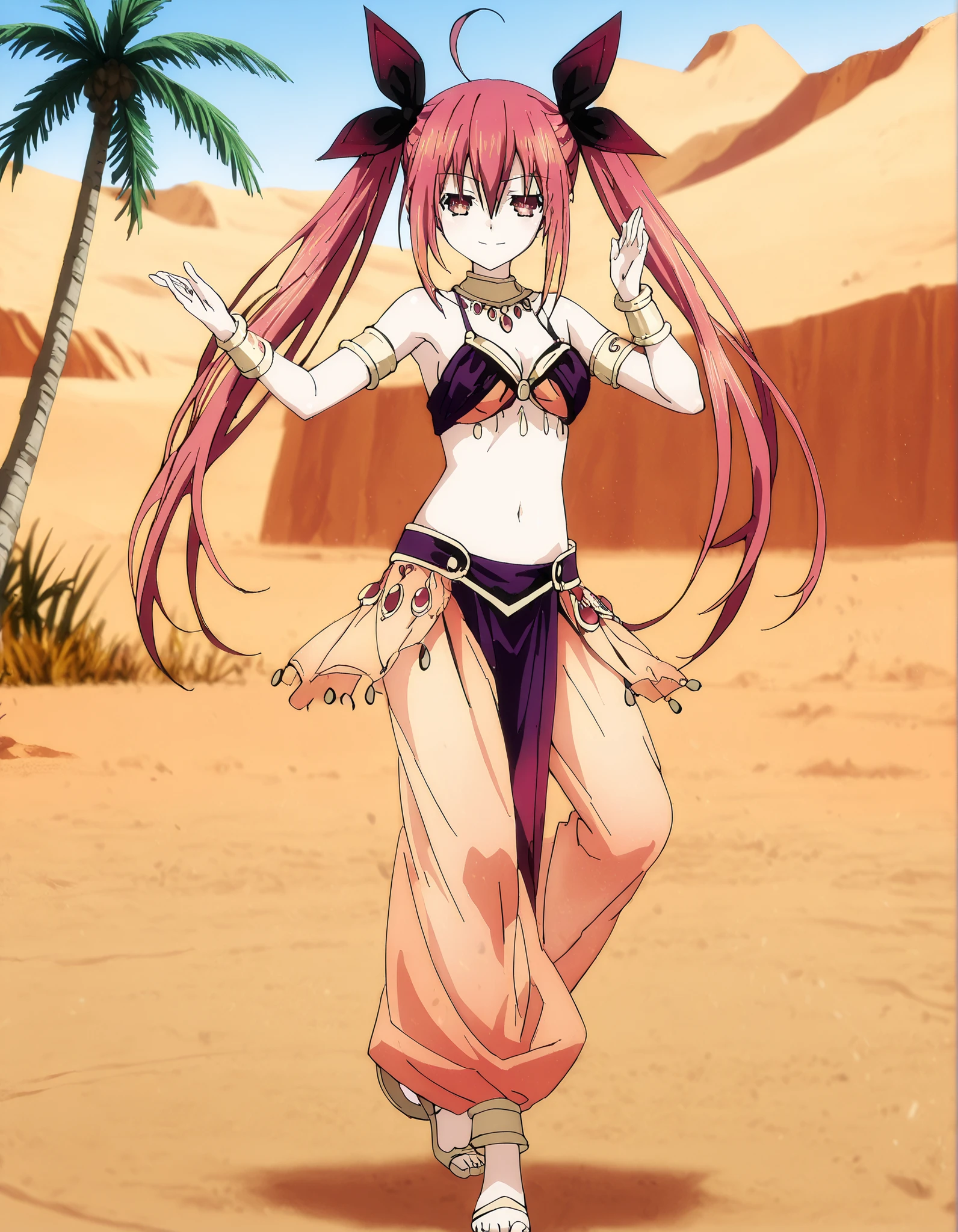 (1girl:1 . 5) , (Seul:1 . 5) , score_9 , score_8_haut , score_7_haut , source_anime , Official work , ultra-detailed , masterpiece , best quality , high resolution , beaux yeux , detailed eyes , Detailed face , beautiful detailed eyes,1girl, long hair, red eyes, dress, twintails, ahoge, red hair, ribbon,Date A Live,Kotori Itsuka,Arabian Clothes , Arabian Dancer Outfit ,belly dancer costume,belly dancer outfit ,full body,golden jewelery,armlet, belly dancing,desert lands,palm tree,seductive smile, dancing with veil, dynamic movement,dance posture, seductive pose