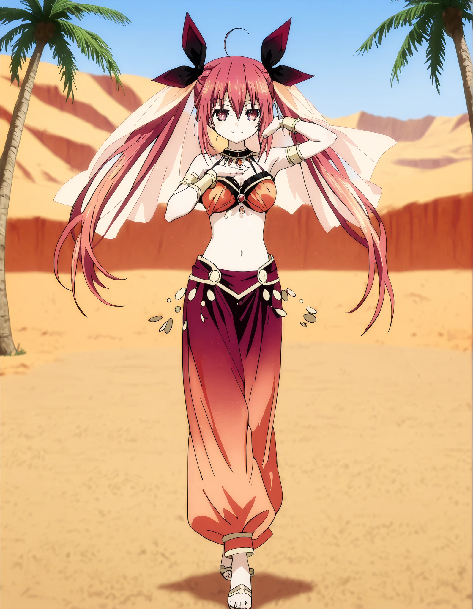 (1girl:1 . 5) , (Seul:1 . 5) , score_9 , score_8_haut , score_7_haut , source_anime , Official work  , ultra-detailed , masterpiece , best quality , high resolution , beaux yeux , detailed eyes , Detailed face , beautiful detailed eyes,1girl, long hair, red eyes, dress, twintails, ahoge, red hair, ribbon,Date A Live,Kotori Itsuka,Arabian Clothes , Arabian Dancer Outfit ,belly dancer costume,belly dancer outfit ,full body,golden jewelery,armlet, belly dancing,desert lands,palm tree,seductive smile, dancing with veil, dynamic movement,dance posture, seductive pose