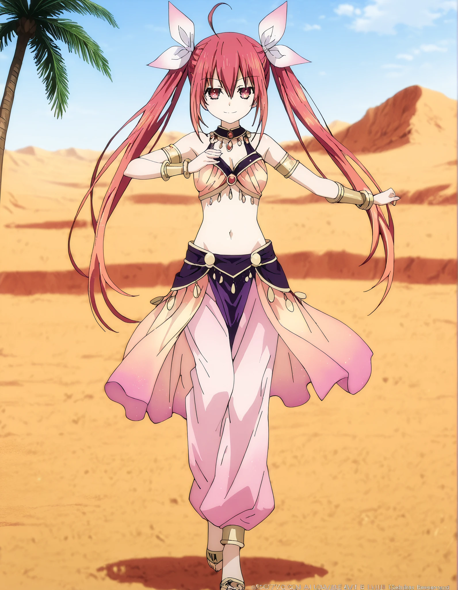 (1girl:1 . 5) , (Seul:1 . 5) , score_9 , score_8_haut , score_7_haut , source_anime , Official work  , ultra-detailed , masterpiece , best quality , high resolution , beaux yeux , detailed eyes , Detailed face , beautiful detailed eyes,1girl, long hair, red eyes, dress, twintails, ahoge, red hair, ribbon,Date A Live,Kotori Itsuka,Arabian Clothes , Arabian Dancer Outfit ,belly dancer costume,belly dancer outfit ,full body,golden jewelery,armlet, belly dancing,desert lands,palm tree,seductive smile, dancing with veil, dynamic movement,dance posture, seductive pose