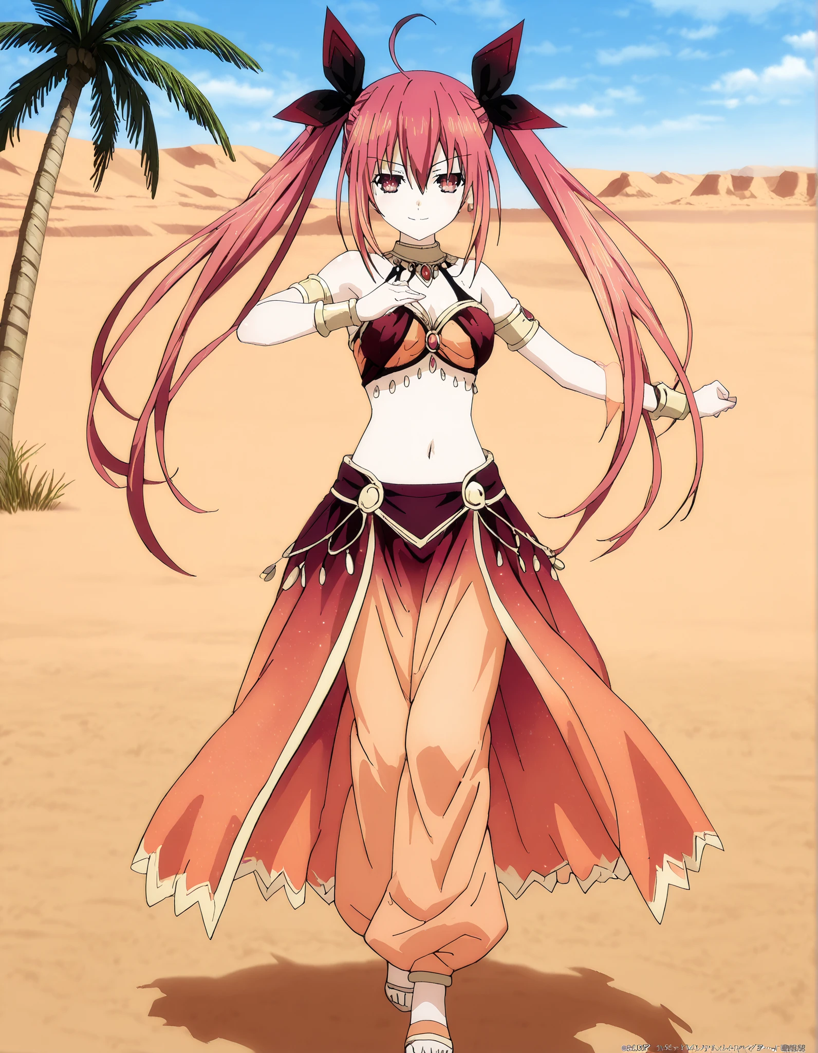 (1girl:1 . 5) , (Seul:1 . 5) , score_9 , score_8_haut , score_7_haut , source_anime , Official work  , ultra-detailed , masterpiece , best quality , high resolution , beaux yeux , detailed eyes , Detailed face , beautiful detailed eyes,1girl, long hair, red eyes, dress, twintails, ahoge, red hair, ribbon,Date A Live,Kotori Itsuka,Arabian Clothes , Arabian Dancer Outfit ,belly dancer costume,belly dancer outfit ,full body,golden jewelery,armlet, belly dancing,desert lands,palm tree,seductive smile, dancing with veil, dynamic movement,dance posture, seductive pose