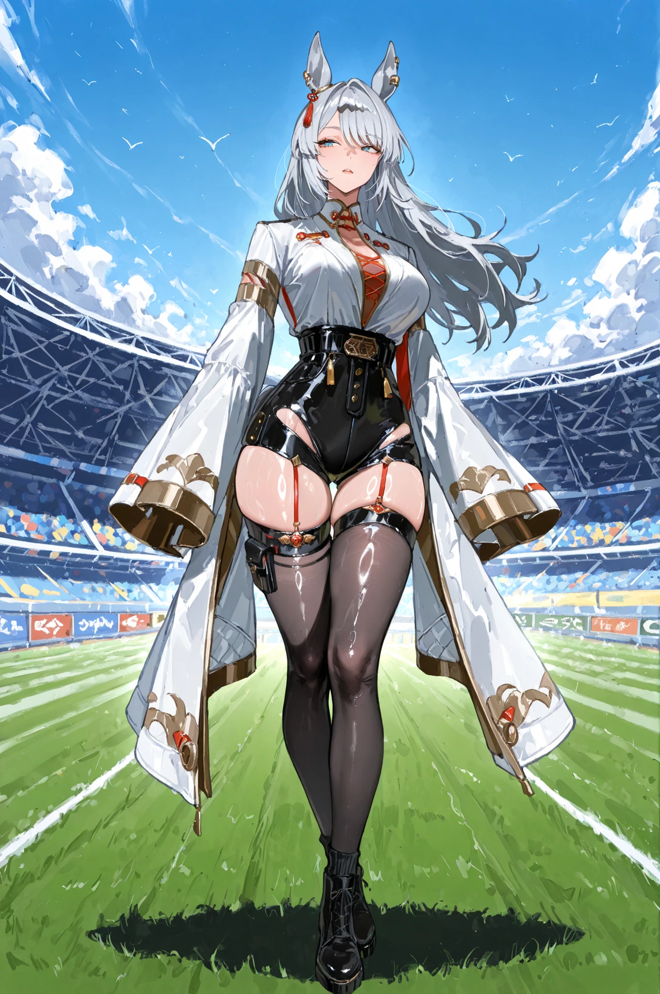 Racecourse、Uma Musume、horse ear、Jirio Mahonoko、 A sophisticated eye 、Full Body、GBF_style、748cm style、32K、semi-realistic、  super detailed description on the front 、art work、Original Work、 Detailed Color、 detailed eyes、 detailed face 、Detailed Eyes、detailed eyes、Exquisite eyes, The best傑作、professional job、Beautiful , Lots of Piercings, pop art, shiny oily skin, realistic skin, The best, long hair under , blue eyes,    cool look, narrowed her eyes, viewers, Silver Hair、lawn、Racecourse、Turf、Race Course 、dynamic pose 、緑のlawn,Racecourse、lawn、Black Knee Socks、緑のlawn、black hotpants、black hotpants、black tights、lawnの上、frustrated、Three-quarter sleeves、3/4 sleeve long coat、white coat、garter belt