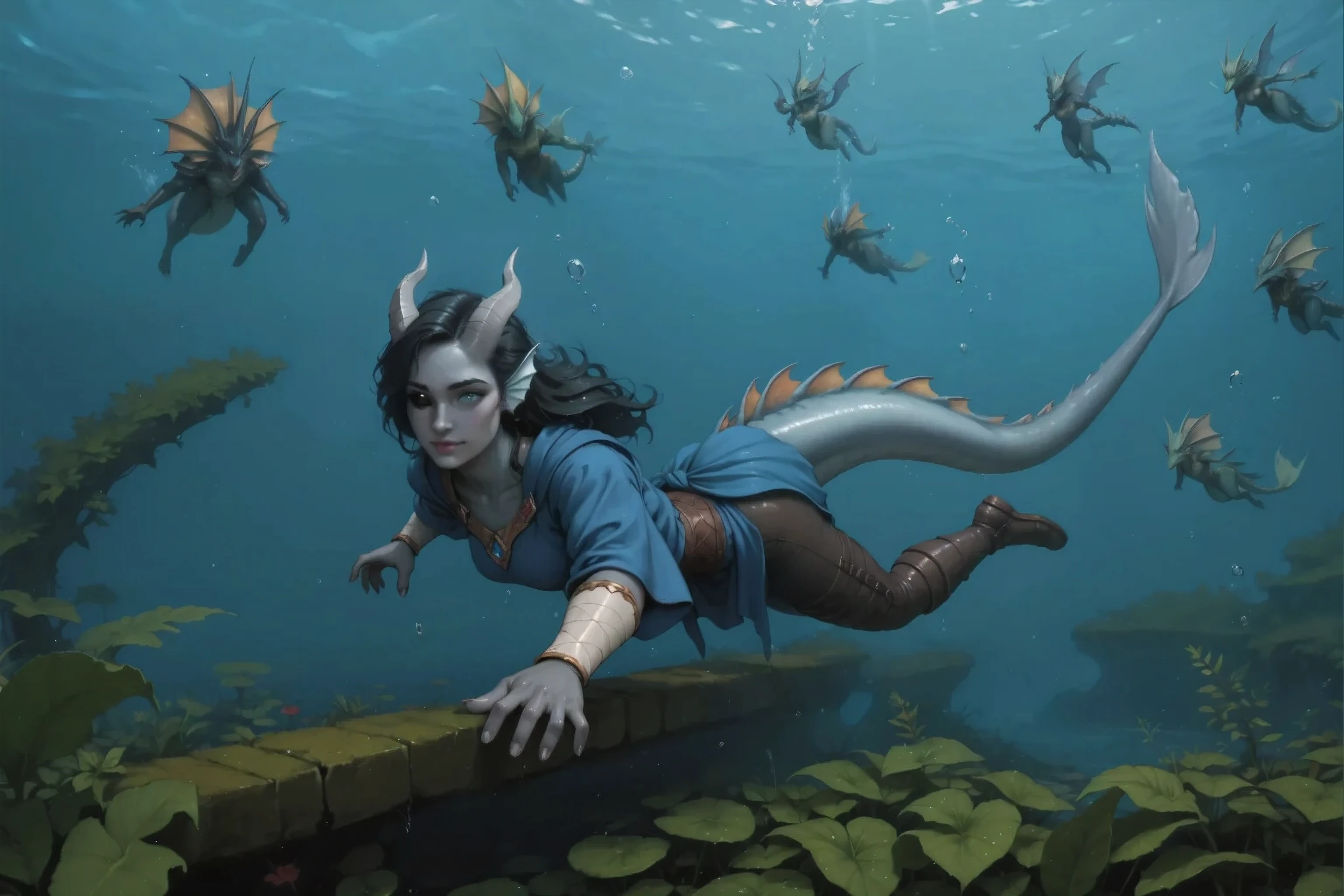 masterpiece, best quality, ultra-detailed, Cinematic emotional static frame, 8K UHD, extremely detailed, physical visualization, HDR. (The action takes place under water),
Very close-up, she swims with her legs back in a horizontal position (A woman Kedra) is swimming in the water facing us in full face, dark blue-gray skin , fins on the head, black hair flowing in the water, hand bandages, little short horns, ( Best hands ), ( 5 fingers:1.2), a long dragon-like tail spreads in the water behind her. Dressed in a blue medieval tunic, brown leather pants , boots, (looks back in fear over her shoulder).
(lots of little merfolks in the background:1.3), Dark frame, darkrain,
In the background, a woman is being chased by multiple tiny different chibi mermaids, funny big heads, cute faces with teeth and a bite, merfolk mermaids, comb on top of the body, a small tooth sticking out in her mouth, open joyful mouths, funny with big heads swim chase a woman. In the background, a chibi mermaid sits on another seahorse, long thick tails, holding a tiny spear under water. (Long fern plants are very blurred and obscured in the foreground),
in the foreground, green algae. YOU CAN SEE THE BOTTOM . Long soft shadows.