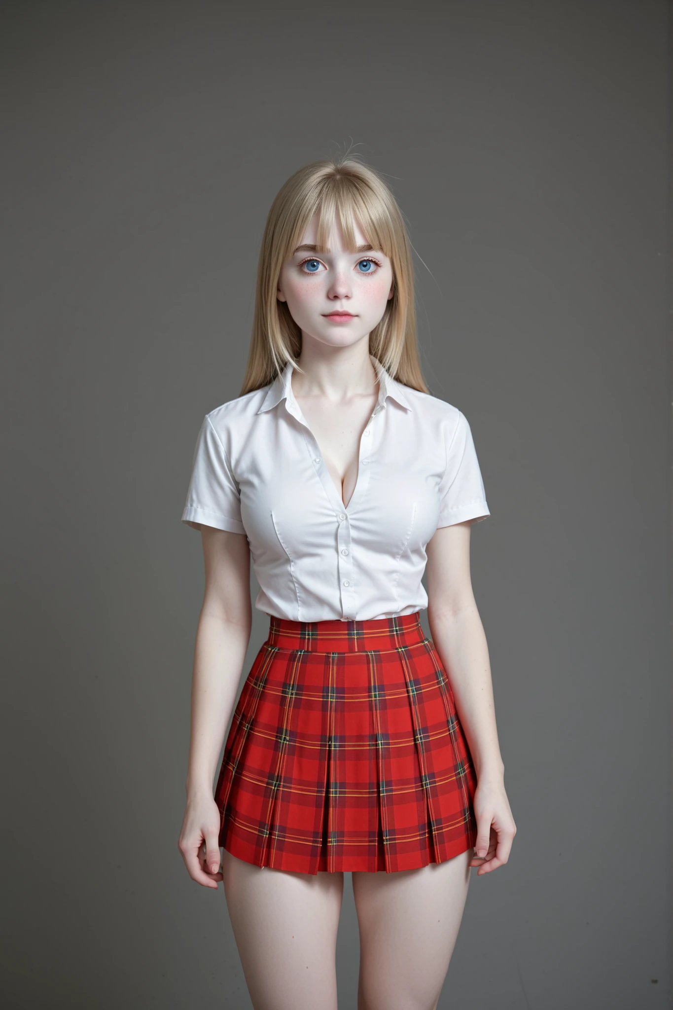 A (gorgeous young woman:1.4) standing in front of a grey background, studio photoshoot, in perfect lighting, frontal portrait, 3/4 shot, centered framing, neutral background, minimalism.
(Dirty blonde hair:1.2), (perfect hair:1.3), shinny hair, (bangs:1.3), (straight hair:1.5), long hair.
(Large eyes:1.3), (beautiful eyes:1.5), (detailed eyes:1.4), blue eyes, expressive eyes, (thick eyebrows:1.2), delicate facial features, (symmetrical face:1.5), (gorgeous face:1.5), freckled face, very feminine face.
(Pale white skin:1.5), (silky smooth skin:1.5), (perfect skin:1.4), (bright skin:1.1).
(Attractive body:1.3), large breasts, (busty:1.3), cleavage, visible cleavage, (sexy legs:1.5), (prominent thighs:1.2), (thick thighs:1.3), (defined leg muscles:1.1). She wears a classic school uniform, consisting of a crisp white, short-sleeved button-down shirt paired with a red plaid pleated mini skirt, the plaid pattern features a scarlet red base color with intersecting lines of navy blue, black, green, and yellow, creating a classic tartan design. The shirt is neatly tucked into the skirt.
UHD, highres, 16k, best quality, (high details:1.5), (anatomically correct:1.5), accurate, masterpiece.