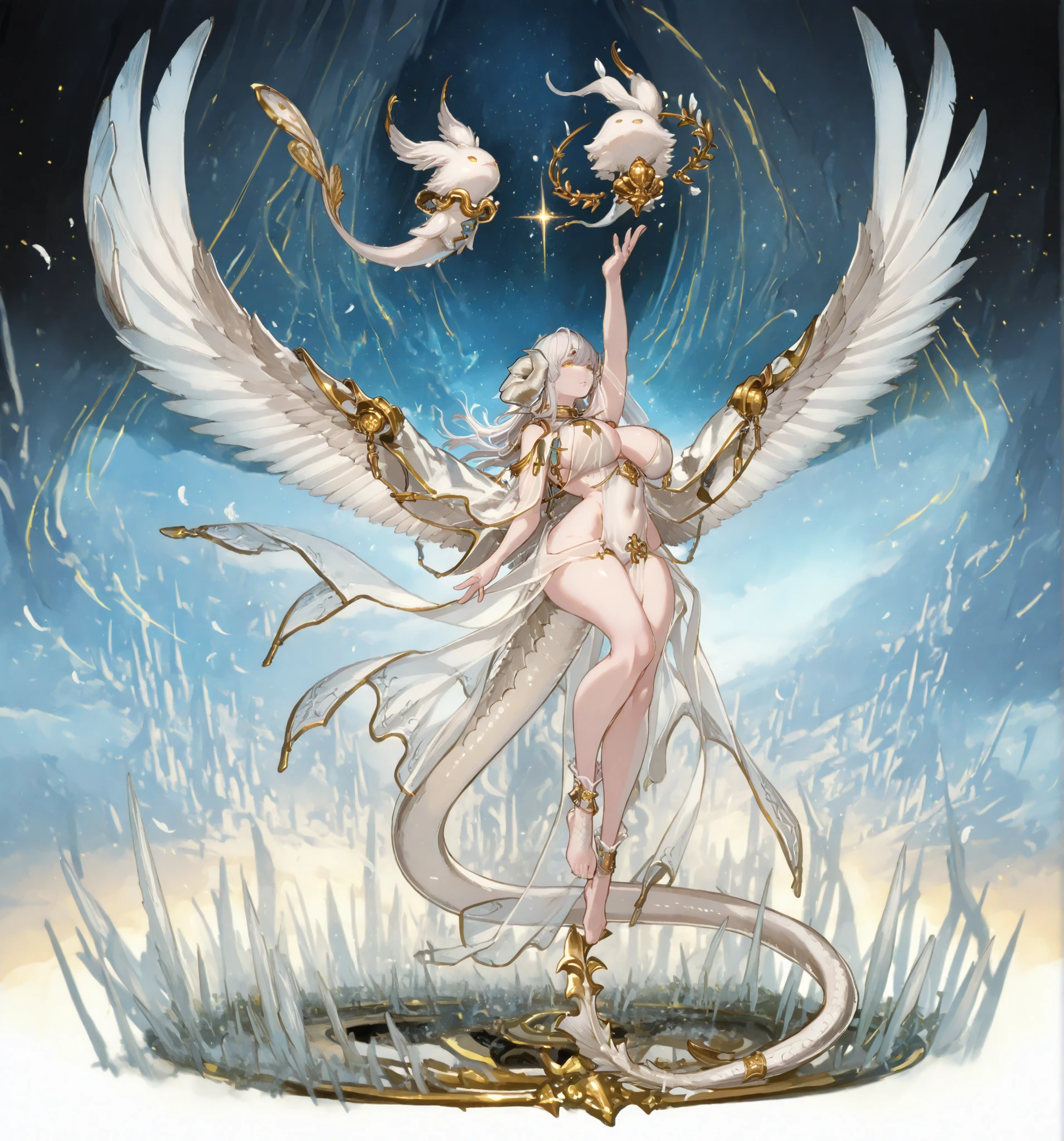 A mythical and powerful hybrid creature with a female humanoid form, featuring majestic ram-like horns and shimmering white scales. Curvy body, mature women body, big breasts, long model legs, tiny waist. The creature has glowing golden eyes and an intricately designed armor adorned with gold accents, exuding a sense of strength and elegance. The background is dark and ethereal, enhancing the creature's otherworldly presence. Pair of wings on top of her head, The overall atmosphere should be mysterious and striking, capturing the essence of fantasy, levitating, long tail full of feathers, fins and wings on her tail, jewelry and pendants on her cetim see through coat.