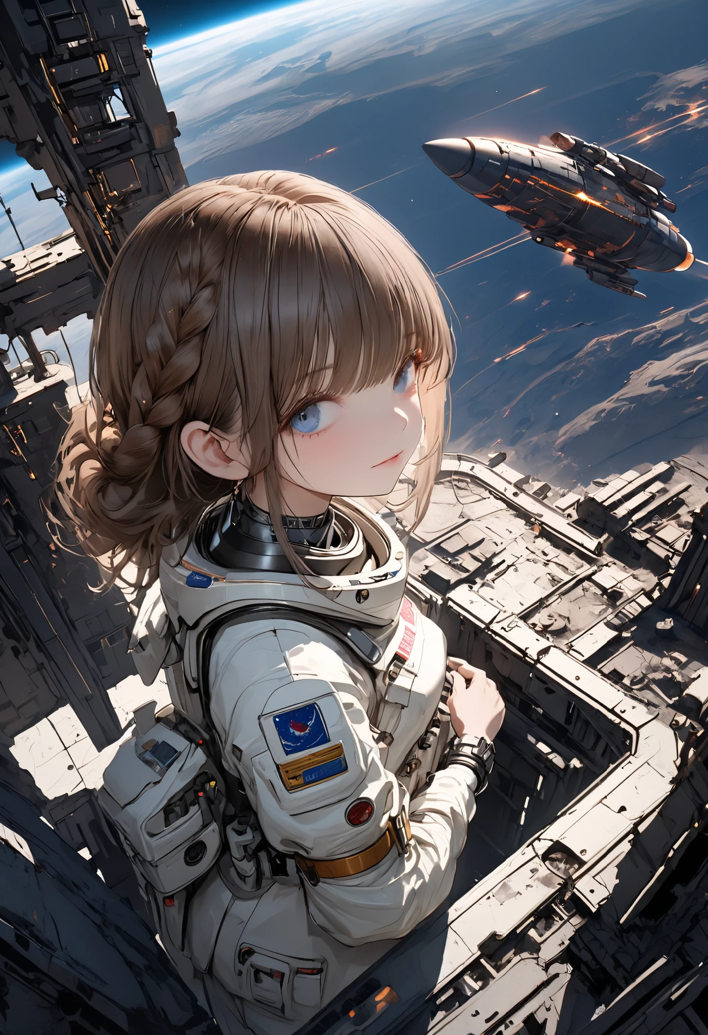 ((The Forgotten Woman Android)),((cowboy shot)),((from above:1.2)),abandoned space station,Rubble on One Side,ruins,woman standing with her eyes open android,Night sky with a view of the big Earth,Blue Earth,astronauts standing up,sad expression,Brilliant Colors,beautiful eyes,A delicate smile,Textured Skin,masterpiece,Kilo,BEST QUALITY THE BEST,gentle and beautiful woman,Break (masterpiece:1.2), Highest Quality, high definition, Unity 8k Wallpaper, (shape:0.8), (Beautiful attention to detail:1.6), Highly detailed faces, perfect lighting, very detailed CG, (perfect hands, perfect anatomy),brown hair,shortcuts with armbands,unkempt hair,Short braided hair,Neat,slender beauty,correct attitude,small breasted,beautiful legs,The enchanting gray-blue eyes shine like stars,Saggy Eyes,Brilliant Colors,beautiful eyes,A delicate smile,Textured Skin,BEST QUALITY THE BEST,gentle and beautiful woman,anime style、comet,meteor、空から降り注ぐmeteor、無数のmeteor群、4k,High Quality,Digital 3D Rendering,Realistic,Inspired by ,Dark Fantasy,mechanical atmosphere,cinematic,moody lighting,Deep Shadow,Cool color scheme ,listless expression