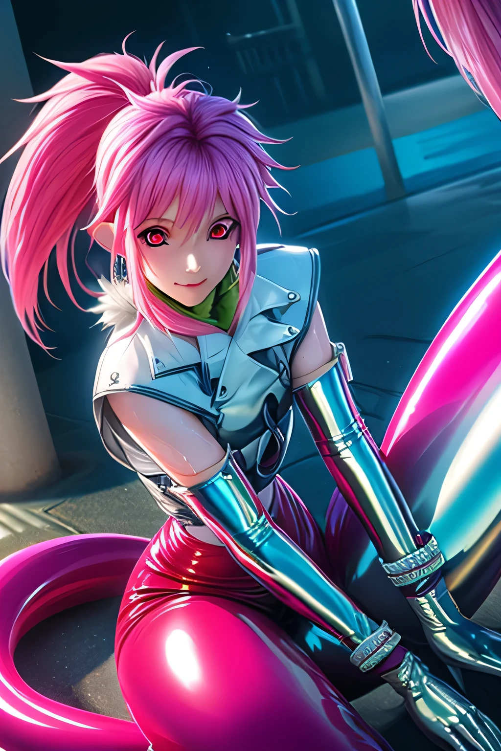 perfect anatomy Highest Quality,highest resolution,(((shiny latex white clothes shiny pink loose pants shiny pink hair ponytail Red Eyes sweat shiny skin))) Tales of Fantasia Arche