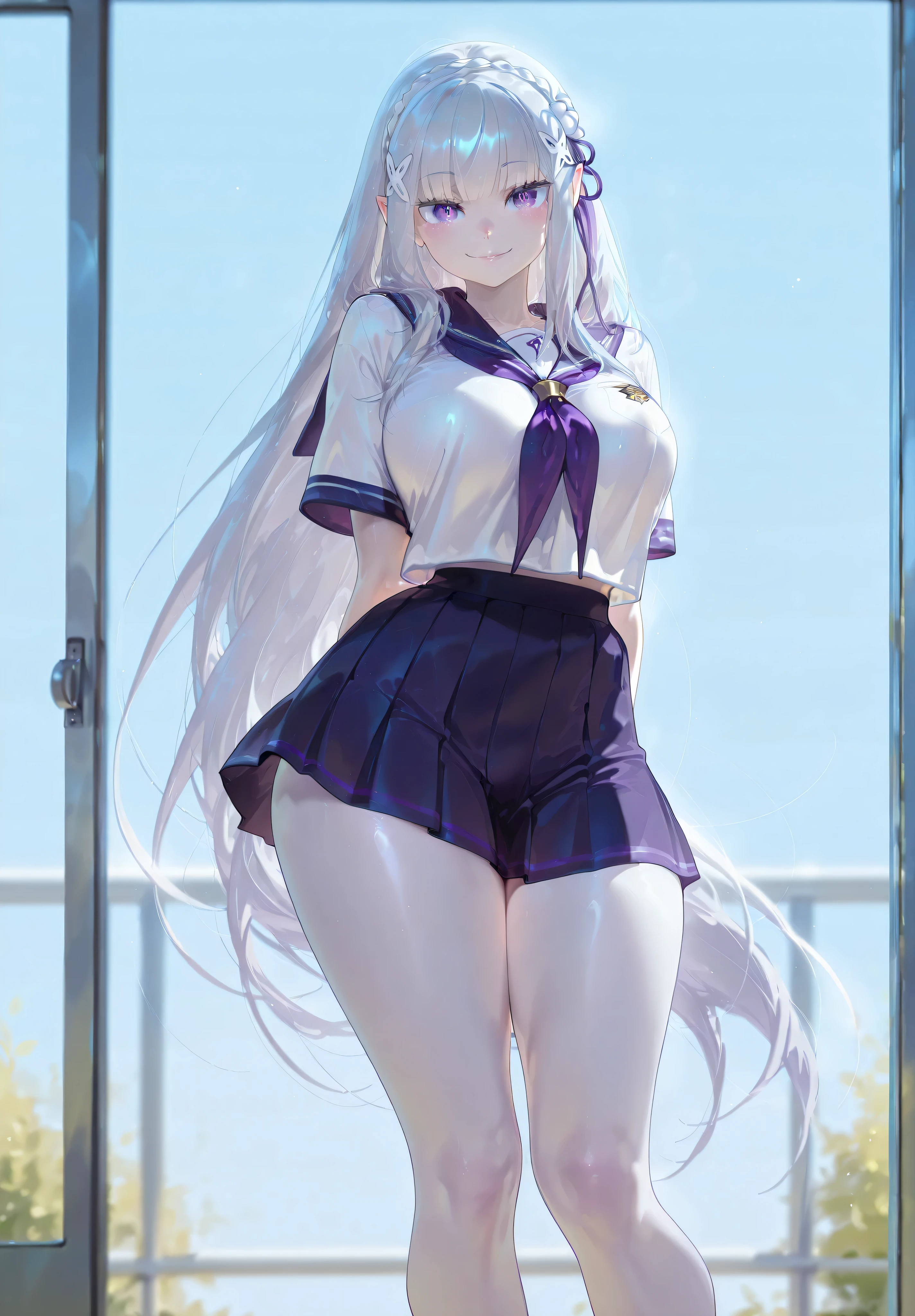 safe_pos, 1girl, Balecxi_Style, Emilia \(Re Zero)\, solo female, no background, day time, indoor, standing, standing straight, big breasts, silver hair, long hair, purple eyes, cute smile, curvy, thick thighs, long legs, school uniform, mini skirt, bare legs, elf, elf ears, white skin, pointy ears, eyes showing through hair, lips, happy expresion, cute smile, hands behind her back, detailed eyes, looking to the viewer, viewer in front, (masterpiece, best quality, absurdres, highres, very aesthetic, sensitive, high-quality eyes, focus on eyes, perfect eyes)