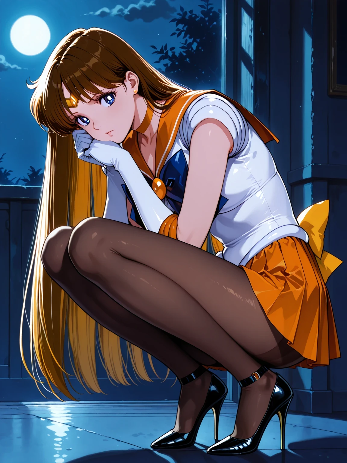 Bas noir 0 deniers,10cm talons aiguilles, Talons aiguilles noirs,sailor vénus,Pas de bandeau,cheveux bruns, cheveux longs et raides,s'accroupit, clair de lune,école