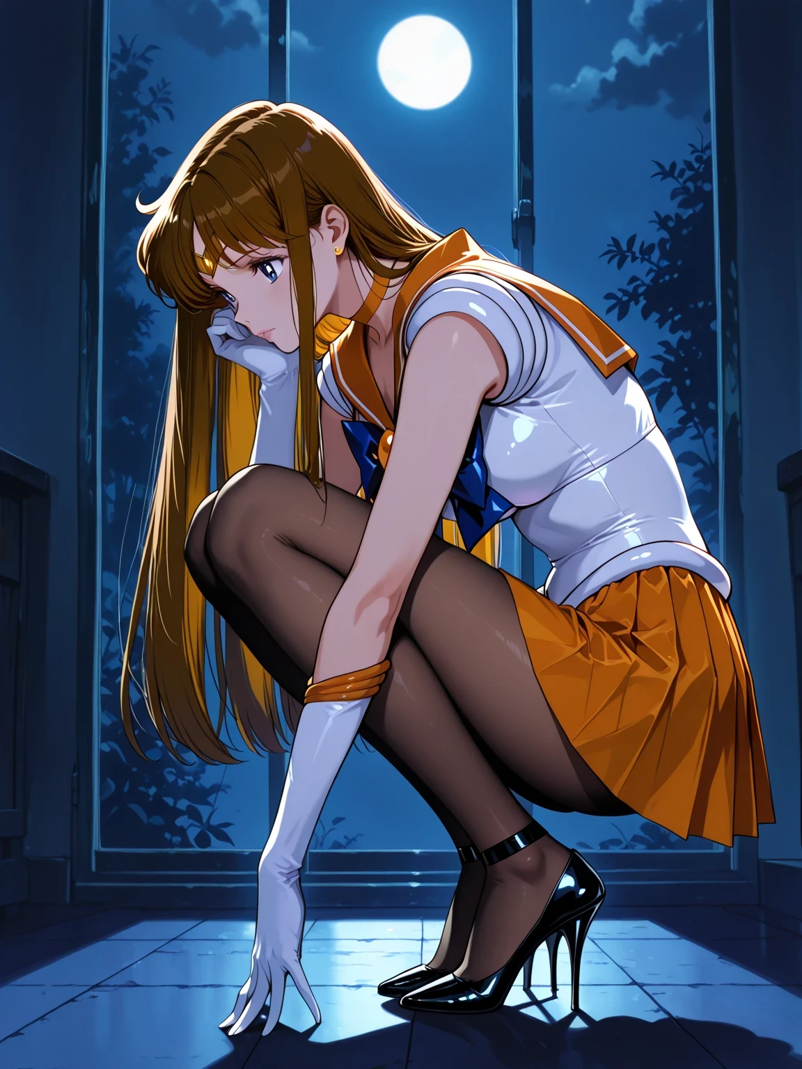 Bas noir 0 deniers,10cm talons aiguilles, Talons aiguilles noirs,sailor vénus,Pas de bandeau,cheveux bruns, cheveux longs et raides,s'accroupit, clair de lune,école