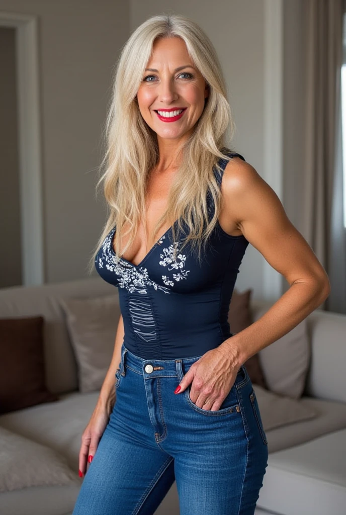 A captivating 60-year-old Danish woman stands On the luxury streets of sunny Hawaii. She is strikingly attractive and alluring, with a full, voluptuous figure and notably large breasts, yet her body remains well-proportioned and appealing in her middle age. Her seductive appearance is enhanced by her blonde hair and eyes. a tight and short Hawaiian colorfull top,She wears Sports Hawaiian jean style clothes including a tight denim shorts or skirt and a tight and short Hawaiian top and High leg sports shoes in such a way that her voluminous body is well highlighted and exposed and her face and figure are very attractive,cleavage visible is clear,viewed full body,a tight and short Hawaiian colorfull top
