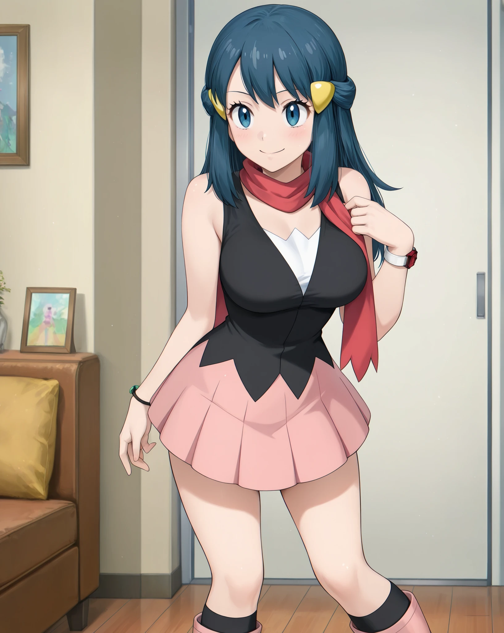 (happy, happy expression, seductive expression,
standing, pin up pose,)
Dawn \Pokemon\,
long hair, dark blue hair, loose hair, sidelocks,
hair ornament, blue eyes,
bare head,
scarf, red scarf,
shirt, black shirt, bare shoulders,
white undershirt,
pleated skirt, pink skirt, mid lenght skirt, kneehigh skirt,
bracelet,
black socks, kneehighs socks,
boots, pink boots,
living room,
1girl, solo,
colorful, perfect face, flatshading, highres, absurdres, masterpiece, best quality, amazing quality, large eyes, big eyes, mature anime female, round breasts, large breasts, slim body, thin body, source_anime, anime waifu, milf, motherly, aged up, adult, anime screenshot,
