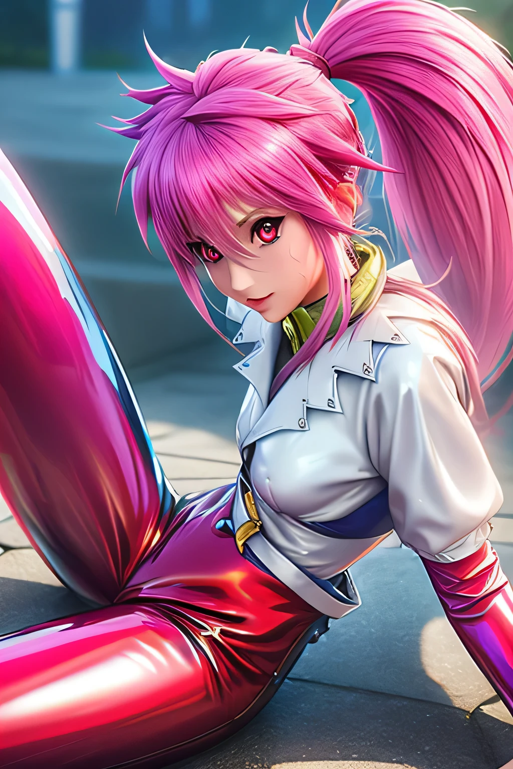 perfect anatomy Highest Quality,highest resolution,(((shiny latex white clothes shiny pink loose pants shiny pink hair ponytail Red Eyes sweat shiny skin))) Tales of Fantasia Arche