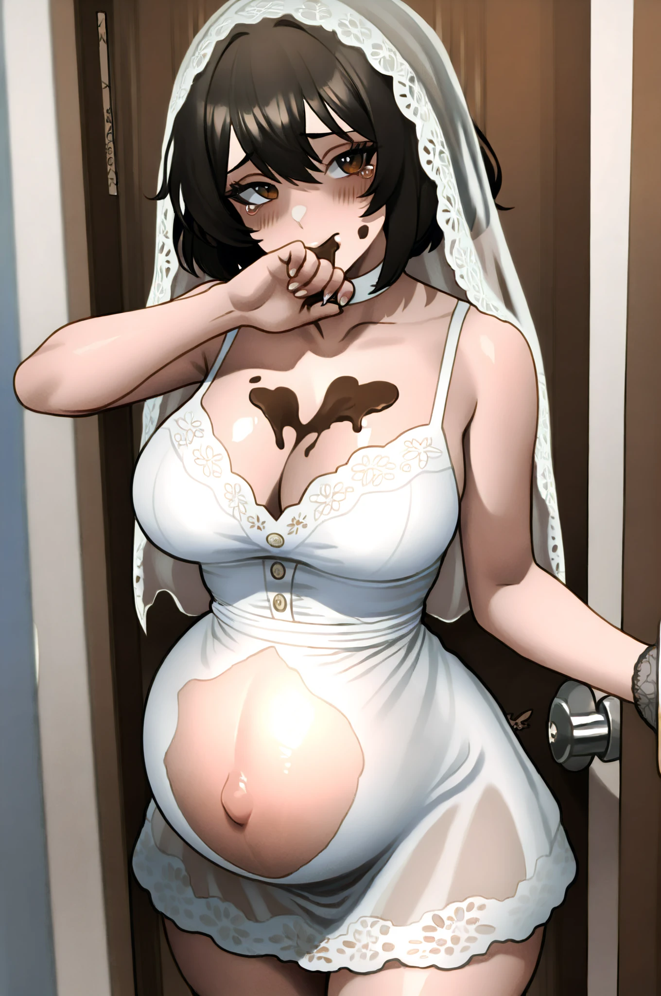 ((Score_9, score_8_up, score_7_up,) adult,  face, 1man, 1girl), kneeling, close up, drinking , massive , man peeing,  in mouth, , wedding dress, long brown hair, flower crown, veil, exposed , inverted , blushing, 
