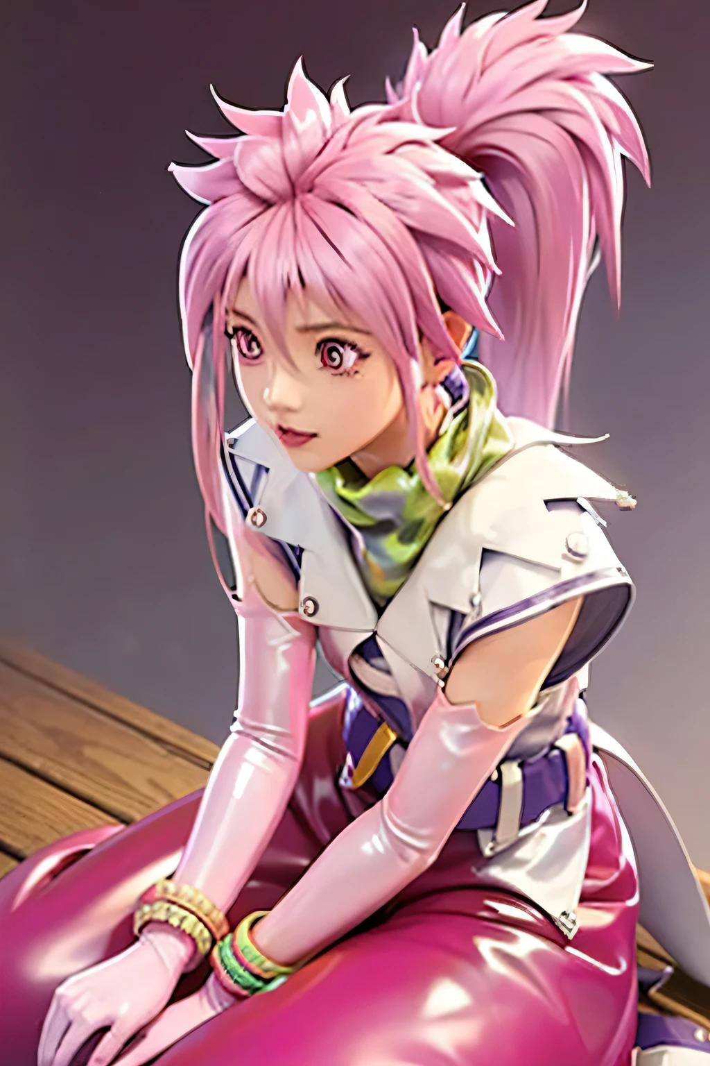 perfect anatomy　Highest Quality,highest resolution,(((shiny latex white clothes　shiny pink loose pants　shiny pink hair　　ponytail　Red Eyes　sweat　shiny skin)))　Tales of Fantasia　Arche 