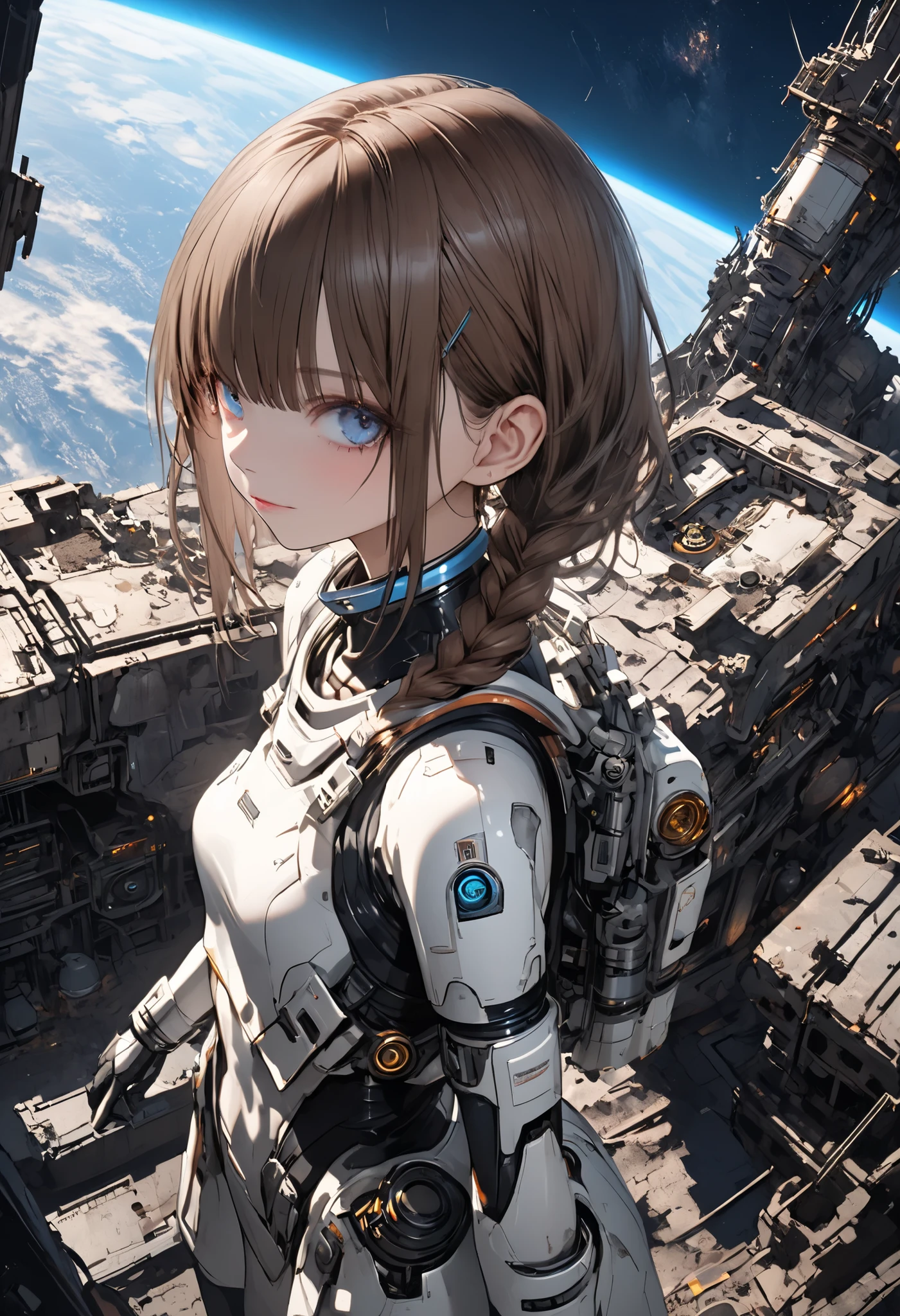 ((The Forgotten Woman Android)),((cowboy shot)),((from above:1.2)),abandoned space station,Rubble on One Side,ruins,woman standing with her eyes open android,Night sky with a view of the big Earth,Blue Earth,astronauts standing up,sad expression,Brilliant Colors,beautiful eyes,A delicate smile,Textured Skin,masterpiece,Kilo,BEST QUALITY THE BEST,gentle and beautiful woman,Break (masterpiece:1.2), Highest Quality, high definition, Unity 8k Wallpaper, (shape:0.8), (Beautiful attention to detail:1.6), Highly detailed faces, perfect lighting, very detailed CG, (perfect hands, perfect anatomy),brown hair,shortcuts with armbands,unkempt hair,Short braided hair,Neat,slender beauty,correct attitude,small breasted,beautiful legs,The enchanting gray-blue eyes shine like stars,Saggy Eyes,Brilliant Colors,beautiful eyes,A delicate smile,Textured Skin,BEST QUALITY THE BEST,gentle and beautiful woman,anime style、comet,meteor、空から降り注ぐmeteor、無数のmeteor群、4k,High Quality,Digital 3D Rendering,Realistic,Inspired by ,Dark Fantasy,mechanical atmosphere,cinematic,moody lighting,Deep Shadow,Cool color scheme ,listless expression