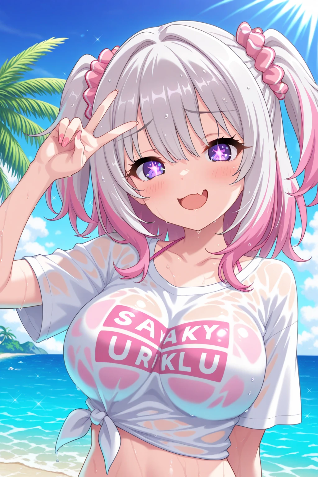 pink hair, short twintails, hair bobbles, star hair ornament, asymmetrical bangs, short hair, pink-framed eyewear, purple eyes,, , empty eyes , , , Running, , Heavy snowfall area　frozen wet crying mountain Alone, Smile , solo, 1girl, 