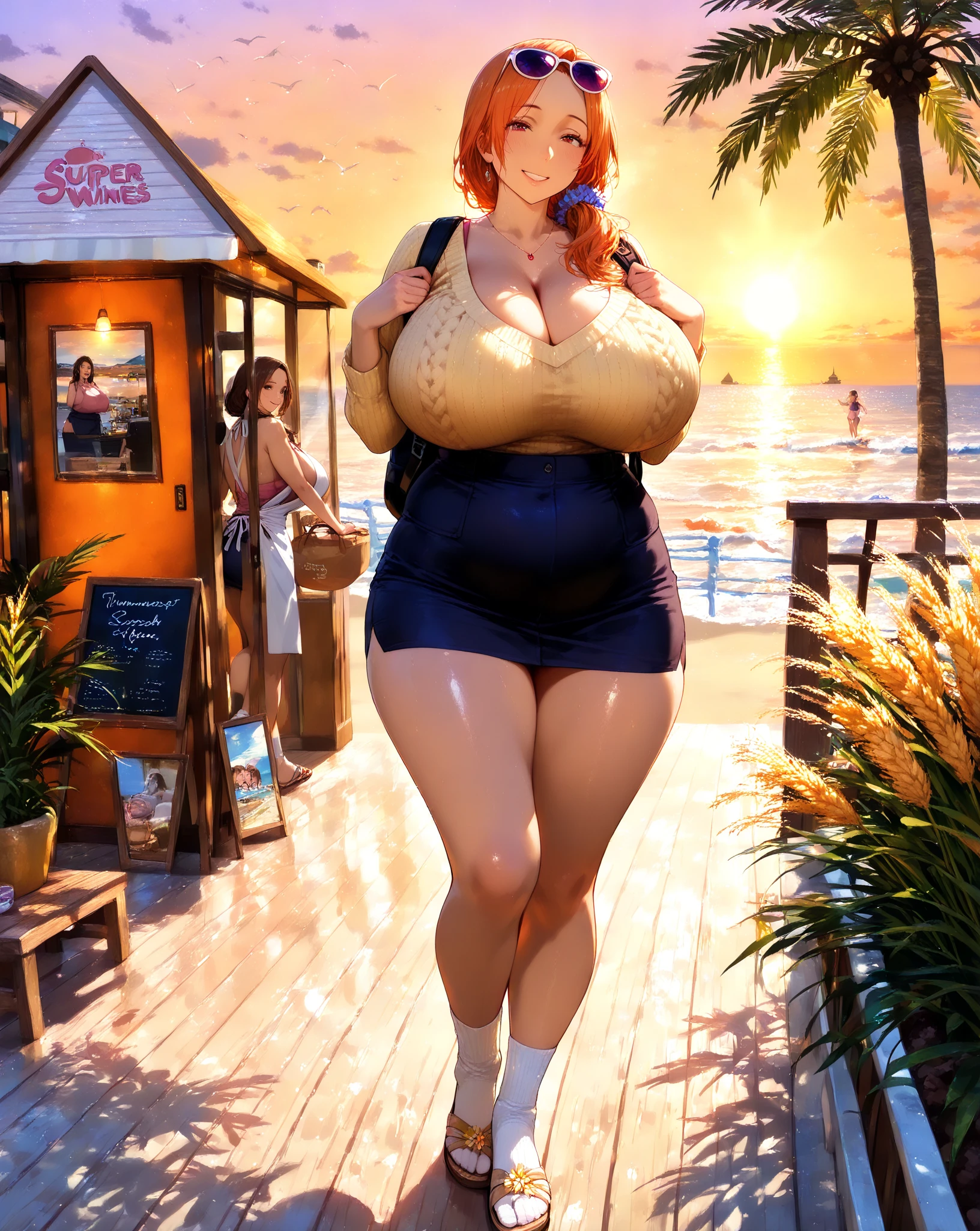 (high resolution, full body, soft skin:1.2, orange short hair),(best illustration,masterpiece:1.2),ultra-detailed,[(cat ears , orange inside:1.2, orange eyes),vivid colors,sharp focus,portrait,studio lighting,bokeh, wearing a 2 piece zebra ??????, midnight beach background, spotlight in background, sitting on the sand 