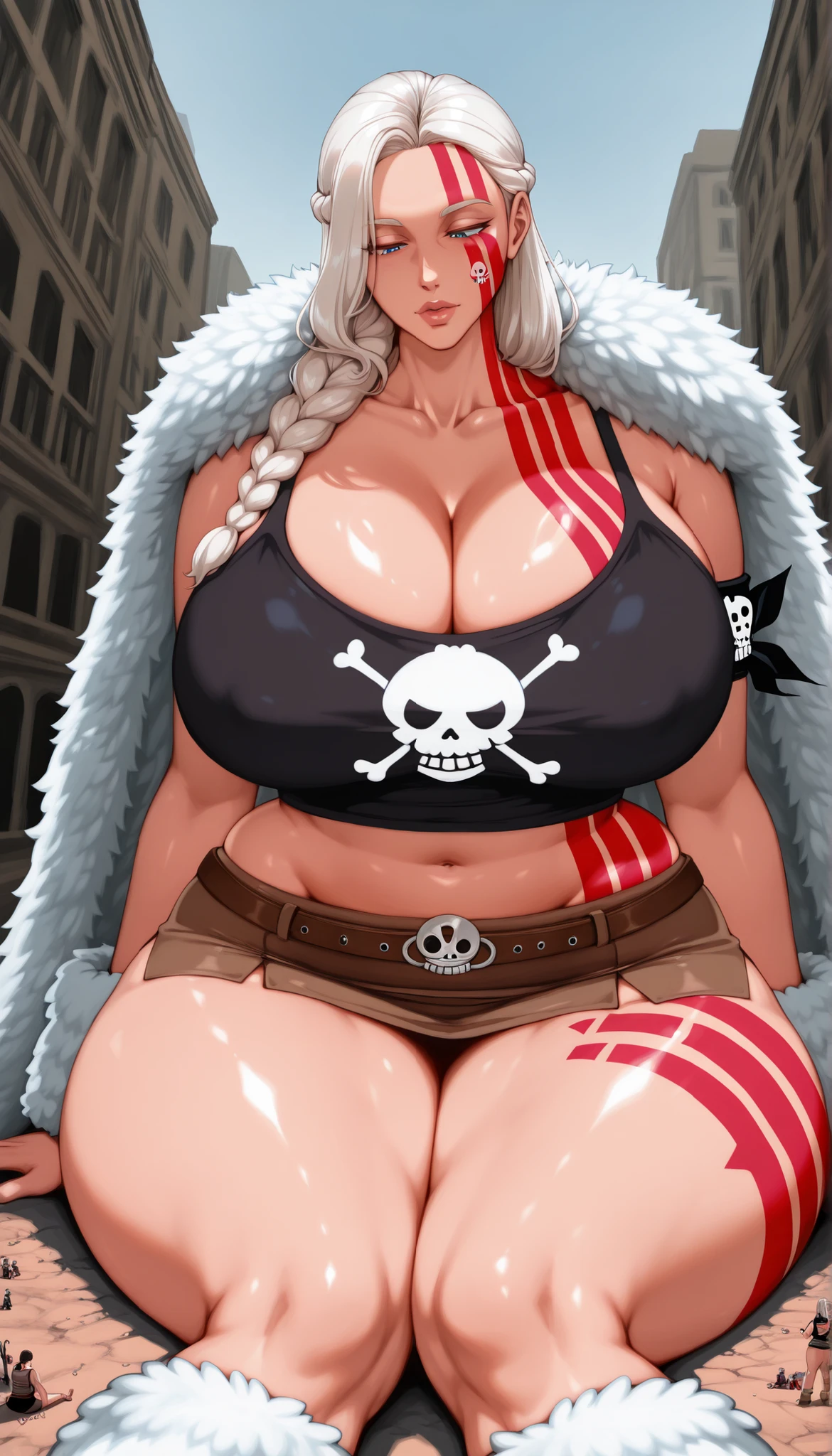 RIpleyOP, 1woman, mature, solo, giant woman, giantess, hiny and smooth skin, long hair, light hair, braids, bangs, lips, blue eyes, large ,  thick plumpy thighs, wide curvy , voluptuous body, Curvy body, thicc woman, cleavage, dark tank top, Jolly Roger on tank top, fur fluffy cape, navel, midriff, groin, short skirt held up by leather belts, fuzzy boots wrapped in bands, red streamlined tattoo, red streamlined tattoo on face, wide , belt, armband, sitting on ground, legs covering her below area