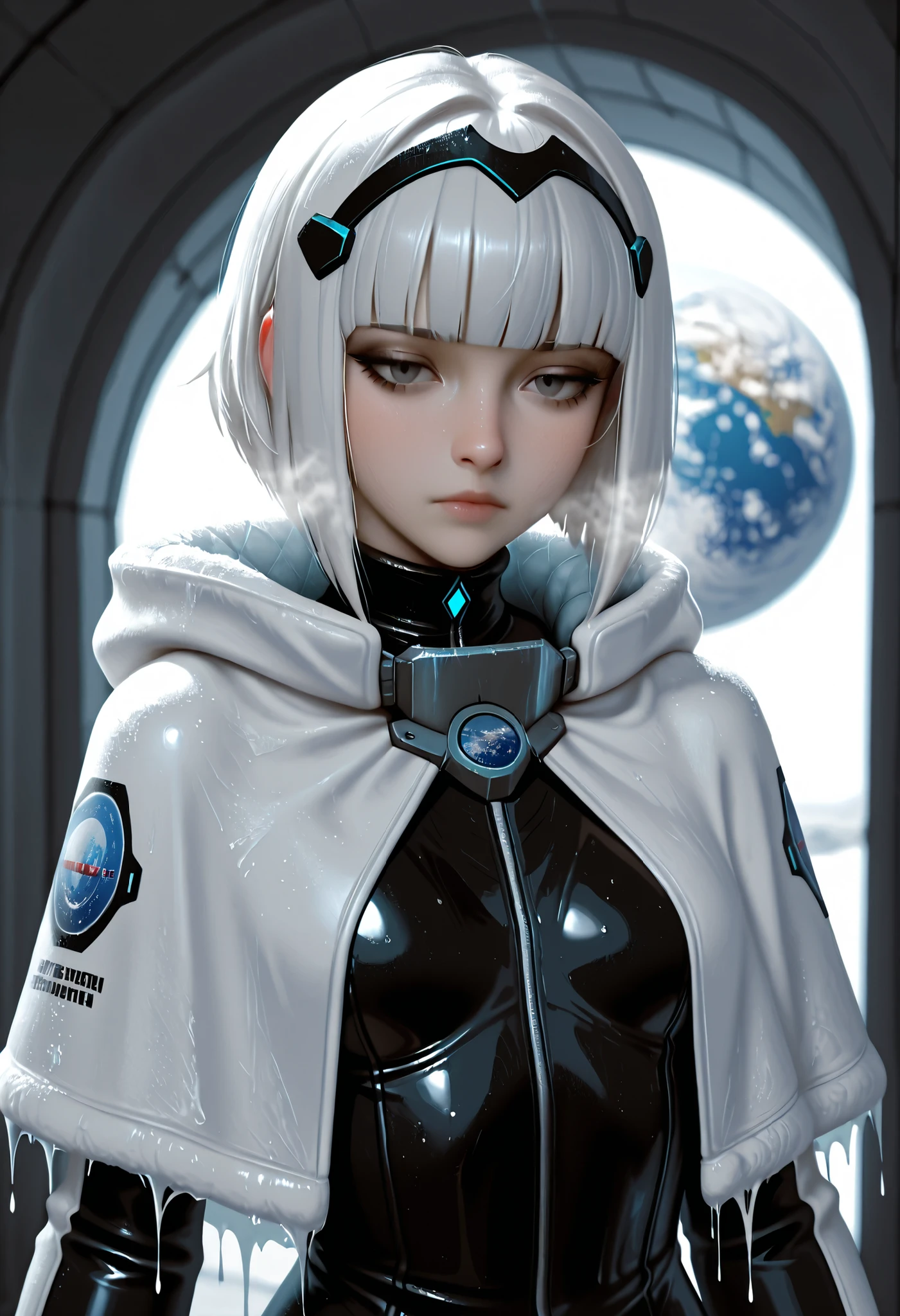 masterpiece, best quality, absurdres, 8k, ultra-detailed CG, PersonalAmi style, girl emerges from cryo-pod, Cryonics, icy chamber, sci-fi space station, ((inside cryogenic pod leaking blue-tinted vapor, frost, cold mist, visible breath, ice)), ((Earthrise, head framed with the planet Earth, Earth, planet Earth behind head)), 1girl, solo, groggily awakening from cryosleep, eyes half-open, dazed expression, condensation, thick white cryogenic vapor, frost on eyelashes, white bob haircut with blunt bangs, straight feathery hair, grey eyes, bored flat expression, cybernetic silver hair clips, slender flat-chested build, sleek black bodysuit, black sci-fi capelet, raised collar, wide collar, rich blue-black-white color palette, dramatic rim lighting, light particles, high contrast, cinematic depth of field