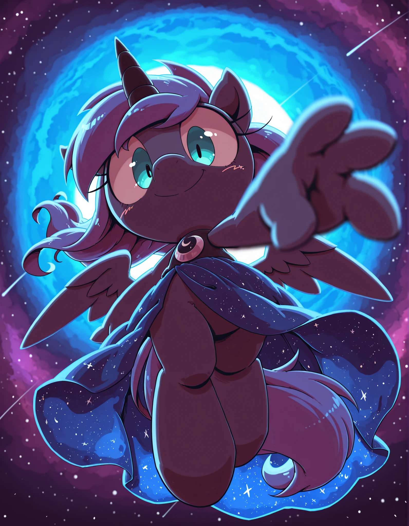 nettsuu_style,, toon, masterpiece, best quality, amazing quality, very aesthetic, absurdres, newest, depth of field, volumetric lighting, solo, full body, female, furry, pony, horn, wings, tail, princess luna, aqua eyes, flowing gown, reaching towards viewer, gentle smile, floating hair, flying, nebula, from below,