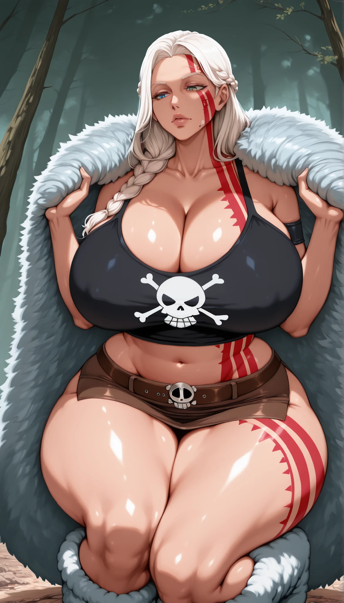 RIpleyOP, 1woman, mature, solo, giant woman, giantess, hiny and smooth skin, long hair, light hair, braids, bangs, lips, blue eyes, large ,  thick plumpy thighs, wide curvy , voluptuous body, Curvy body, thicc woman, cleavage, dark tank top, Jolly Roger on tank top, fur fluffy cape, navel, midriff, groin, short skirt held up by leather belts, fuzzy boots wrapped in bands, red streamlined tattoo, red streamlined tattoo on face, wide , belt, armband, in squats position, legs crossed 