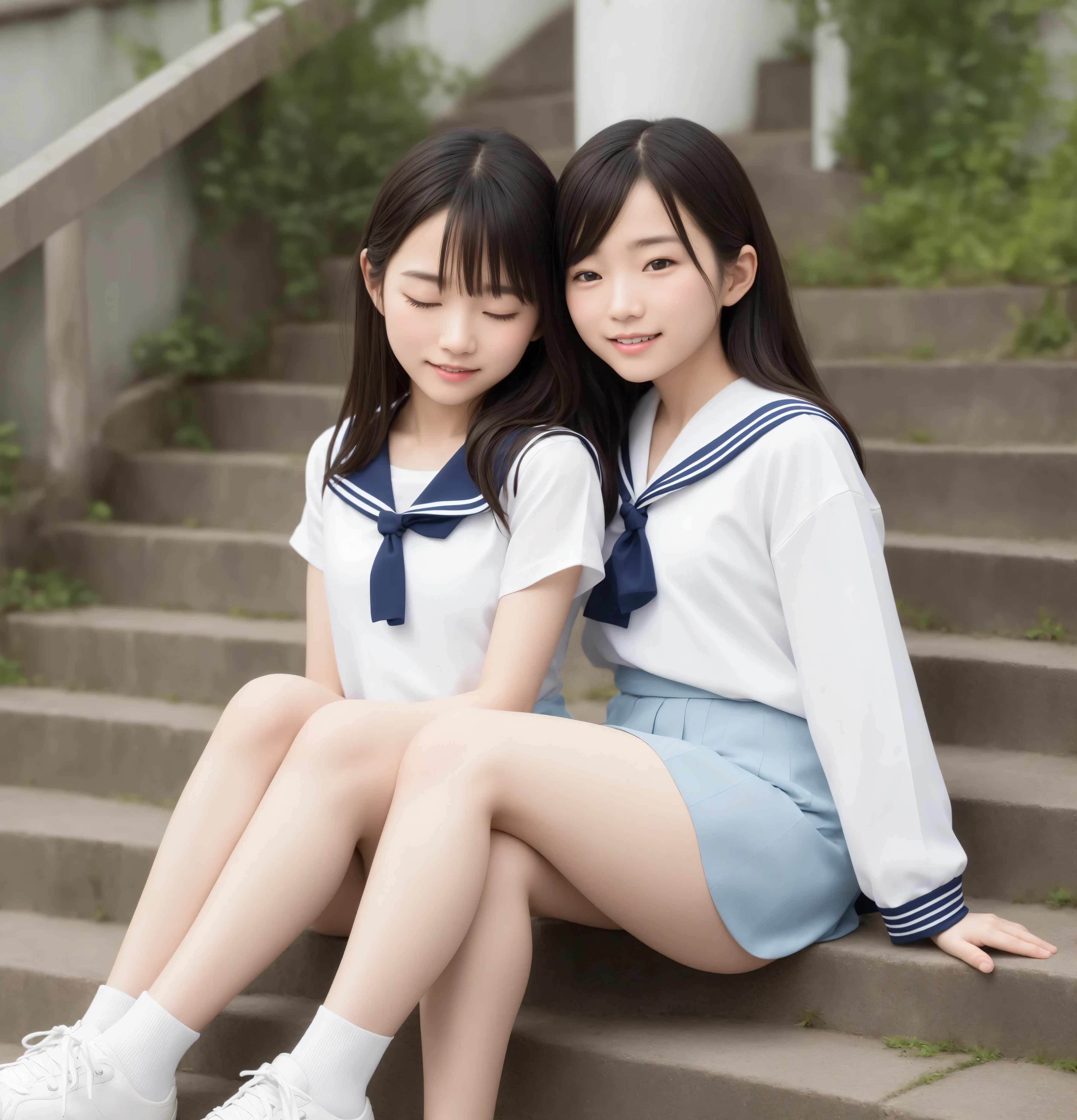 8K Wallpaper,younger、 sailor suit、白色の sailor suit、 mini skirt、 sitting on the stairs、 slim figure that can be seen up to the waist、 girls、 stylish hairstyle 、 sitting on the stairs、半袖の sailor suit、My Stomach Is Split in Two and I Can See Everything、 tight waist、 Simple White Sneakers,in a school swimsuit,actual image、 Highest Quality,happy expression、femininity大学生,幼さの残る可愛い girls、 cute girls、femininity、 realistic texture 、closes his eyes and smiles、 smile、 amazing section,Natural lip shape,Natural Eye Shape   、size、 beautiful detailed eyes