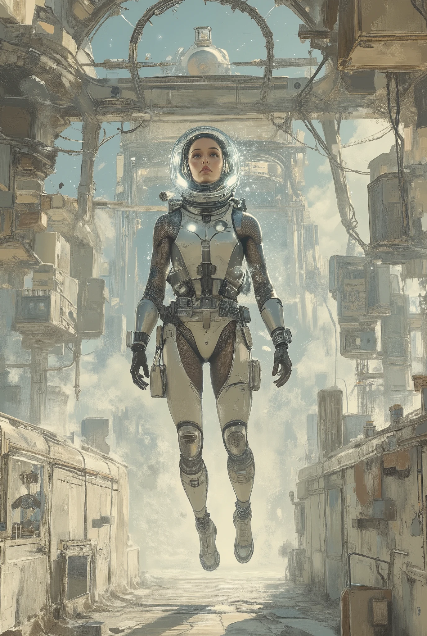 Retrofuturistic、A woman in a spacesuit is swimming in the air inside an abandoned space station、A lot of things are floating、 cool composition、The inside of the space station has a simple structure based on white