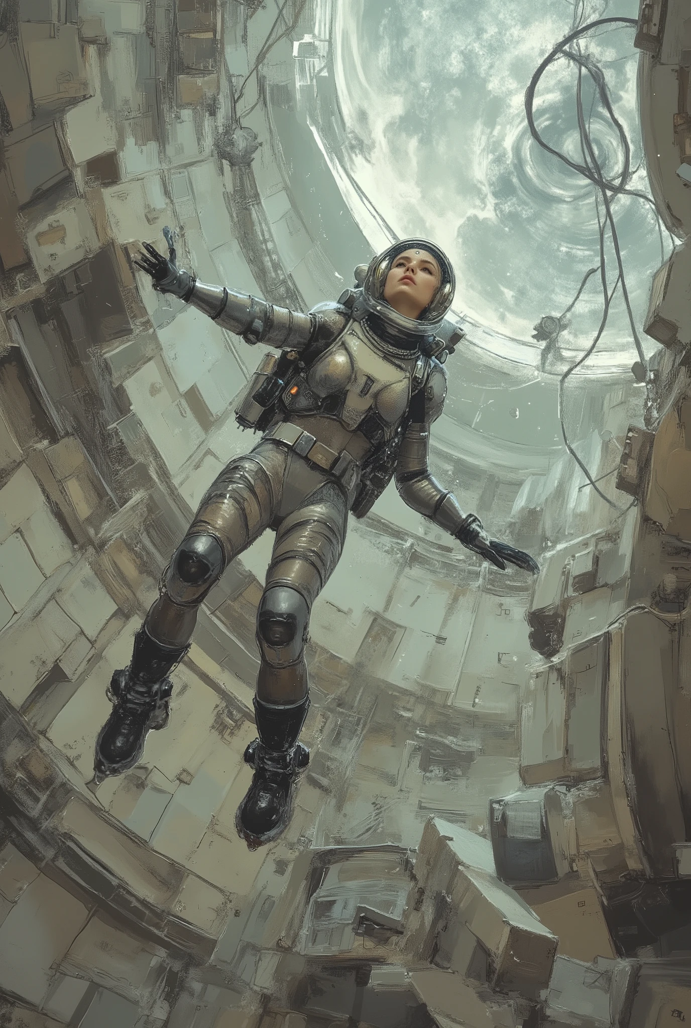 Retrofuturistic、A woman in a spacesuit is swimming in the air inside an abandoned space station、A lot of things are floating、 cool composition、The inside of the space station has a simple structure based on white