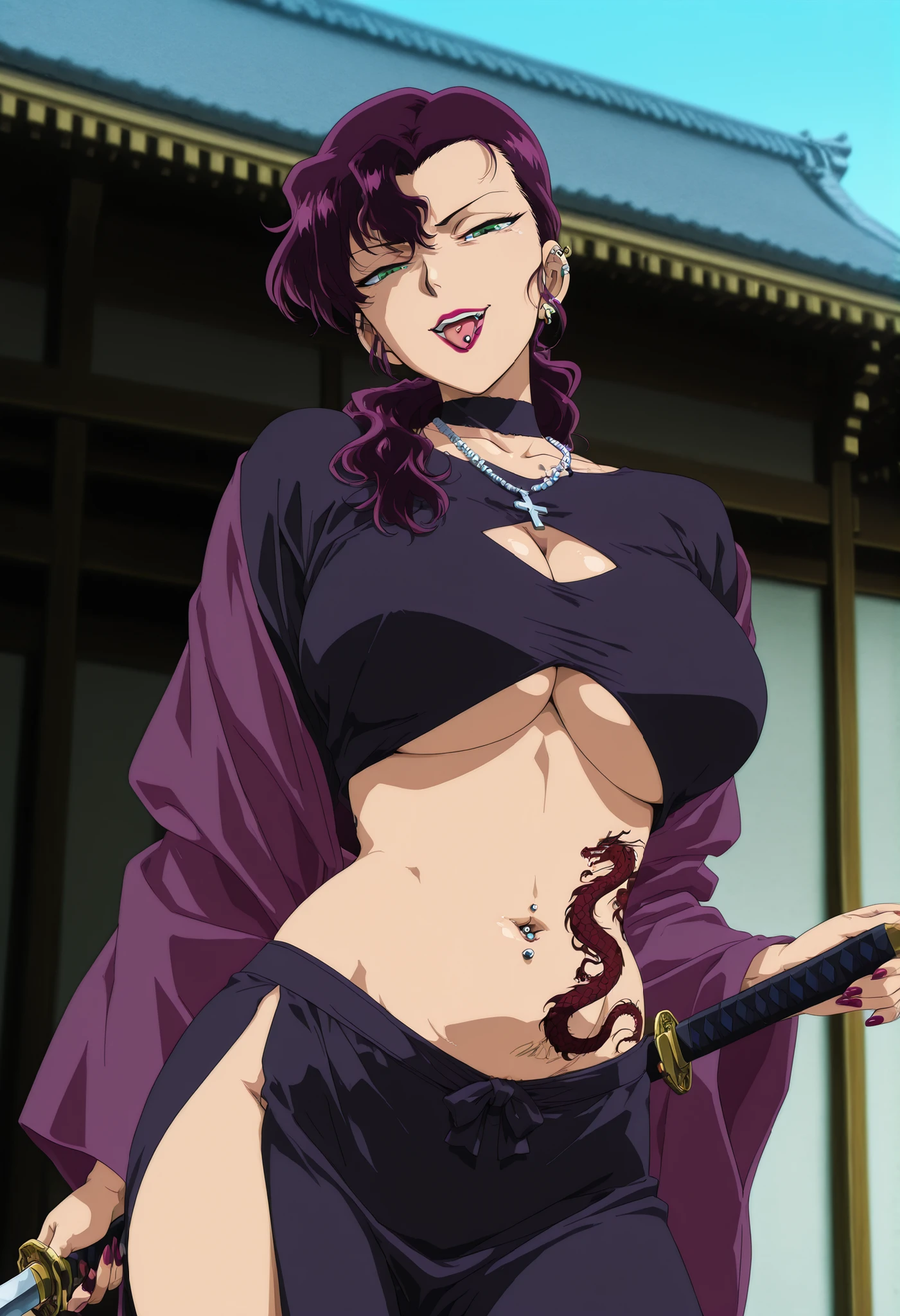Ikumi Souda,purple hair,long hair,lipstick,green eyes, medium breasts,
, nail polish, ear piercing, long hair, , lipstick, Hot girl, baddie,, sensual, attractive ,choker , cross necklace, tongue piercing ,tongue out, open mouth, jewelry, outdoor, japanese architecture, temple, kimono, purple shawl, wide sleeves, , serious, looking at viewer, slim belly, east asian architecture,,holding sword, , mature female, masterpiece,high quality,4k,belly,,,cleavage, ,, smile, open mouth, (nsfw) not safe for work, evil expression,belly, exposed navel, exposed midriff, cleavage cutout, , exposed lower belly,,,navel piercing , underboob , side slit, , medium large Breasts, dragon tattoo on waist, narrowed eyes, tattoo on waist,, anipai_style , anime screencap , anime coloring,,v-shape eyebrows