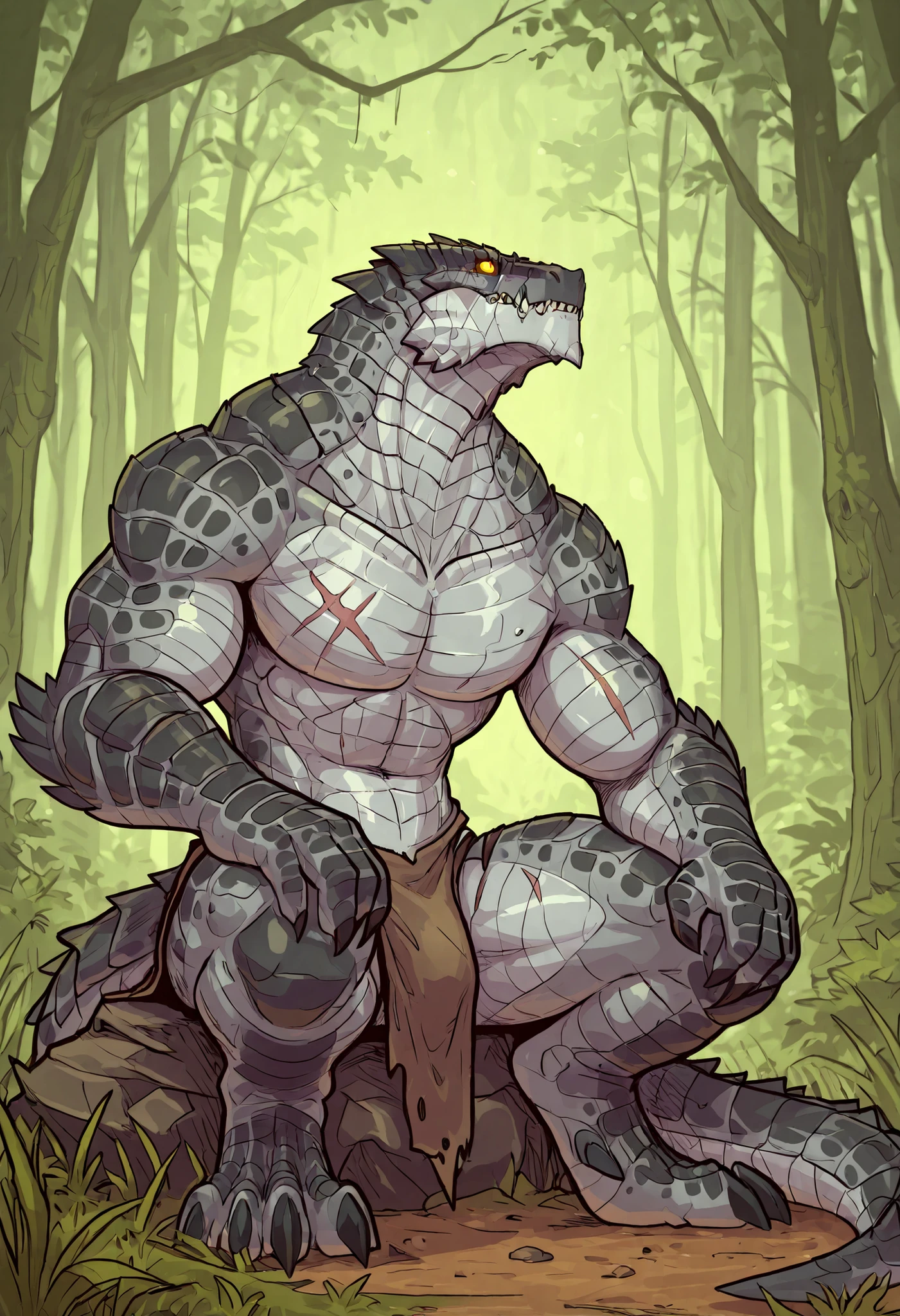 1male, solo, anthro, lizardfolk, anthro dragon lizard, solo, scaly, detailed scales, experienced predator, black scales, matte body, torso is well-defined and muscular, body robust and powerful, massive arms, detailed scales, scars on body and head, thick neck, sitting pose, looks timid, marked defined jaw, pike jaw, scaly, looking up, loincloth, horror, best quality, 4k, ultra-detailed, full body, green forest background