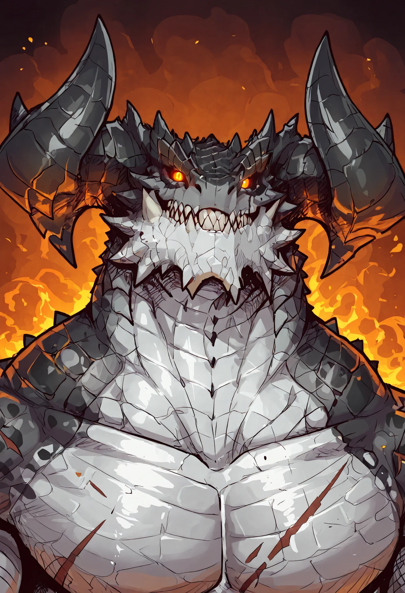 1male, solo, anthro, lizardfolk, anthro dragon lizard, solo, portrait, scaly, detailed scales, experienced predator, monstrous dragon, mercenary, grin, black scales, matte body, torso is well-defined and muscular, body robust and powerful, massive arms, detailed scales, scars on body and head, thick neck, powerful pose, massive horns, marked defined jaw, pike jaw, strong upper body, pecs, scaly, darkness, horror, best quality, 4k, ultra-detailed, full body