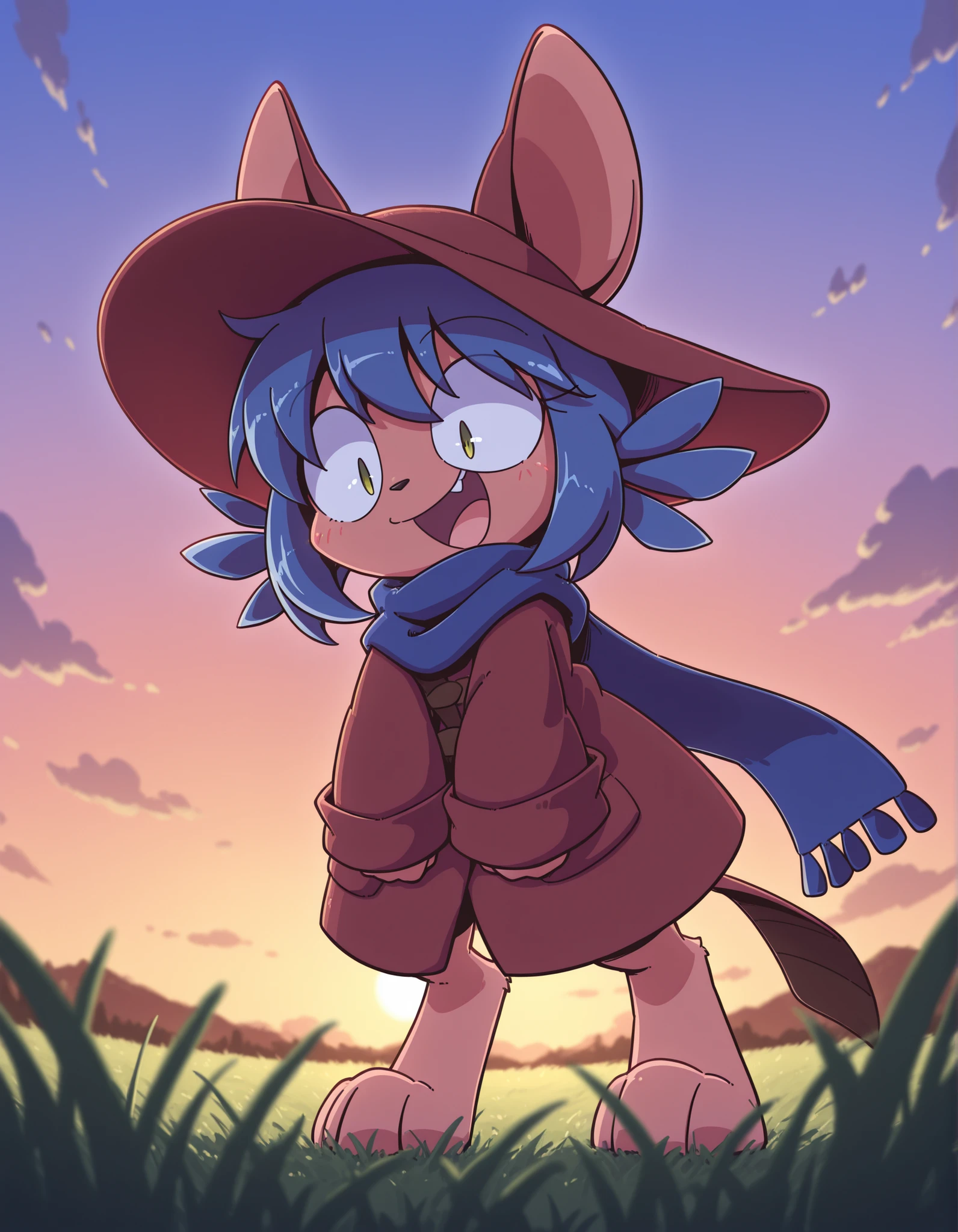 nettsuu_style,, furry, nettsuu_style, (solo:1.2), anthro, domestic cat, (niko (oneshot):1.5), slit pupils, blue hair, blue scarf, brown coat, brown hat, full body, ambiguous gender, coat, oversized coat, hands covered, (digitigrade:1.3), standing, smile, open mouth, wide eyed, detailed eyes, detailed hair, depth of field, scenery, (dusk:1.1), grass field, on ground, detailed scenery, best quality, amazing quality, (outline:0.8)