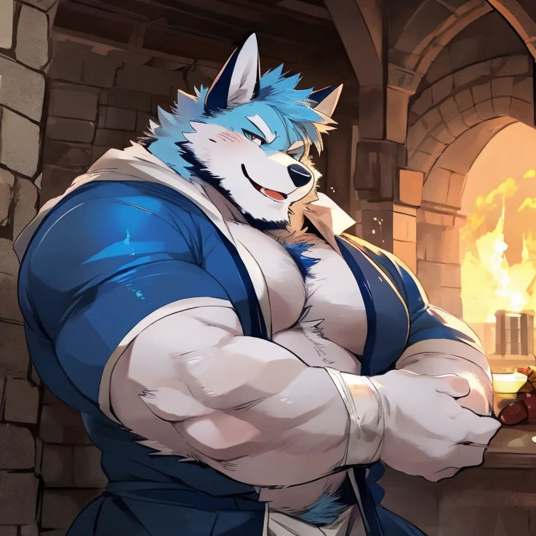 Solo, male (((bear, muscular, blue eyes, subtle mustache,  scar, eye scar, chest scar, white fur, white body,  hair, black eyebrow, beard, clawed hands, clawed feet, black nose, ear piercing, neck tuft, arm tuft, black claws, chest hair, black chest hair, , huge bulge))) tribal tent, red tent, sitting ((focus eyes, focus scars, focus  scars, focus white body, focus white fur)) by darkgem, by mystikfox61, by glitter trap boy