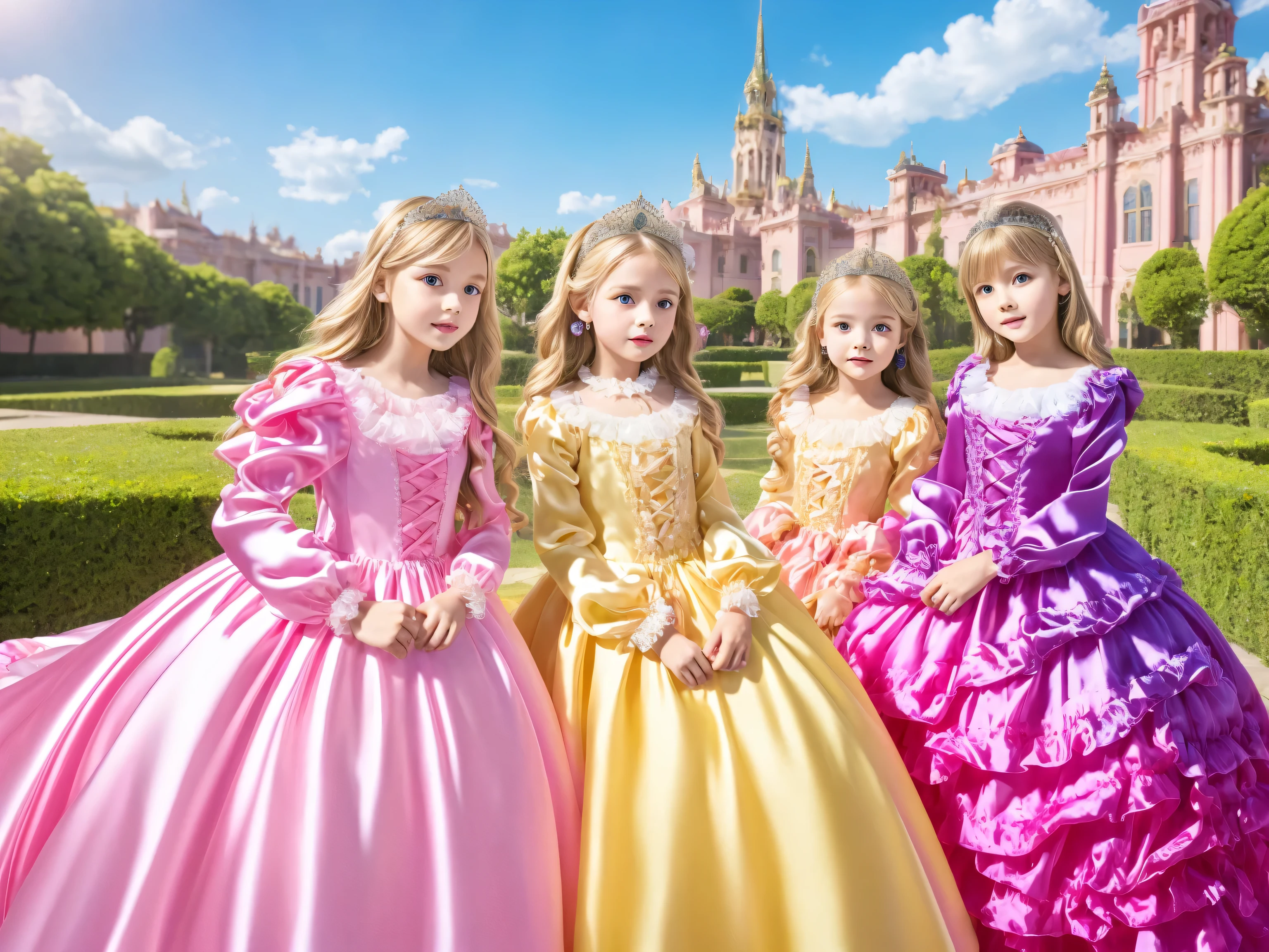 ,Highest Quality, masterpiece, highest resolution, Artwork, super それにget used to it, many get used to it, get used to it, それにget used to it, 3k photos,,((10 years old,Little Girls:1.1)),,((Get used to the ultra-fine young face,long blonde hair)),The three are princesses,((Shiny Colorful Silk Satin Princess Dress)),Long Ball Gown Dress with Hoop Skirt,ruffled yoke collar,puff sleeve to put on your stomach,long sleeve,((Lolita Style Hot Pink、Princess Satin Dress with Details、lots of ruffles and bows)),Rococo Fashion,,Soft Smooth Fabric,luxury,Long Blonde Hair,blue eyes, WHITE SKINED EUROPEAN  , European palaces  , high quality background ,