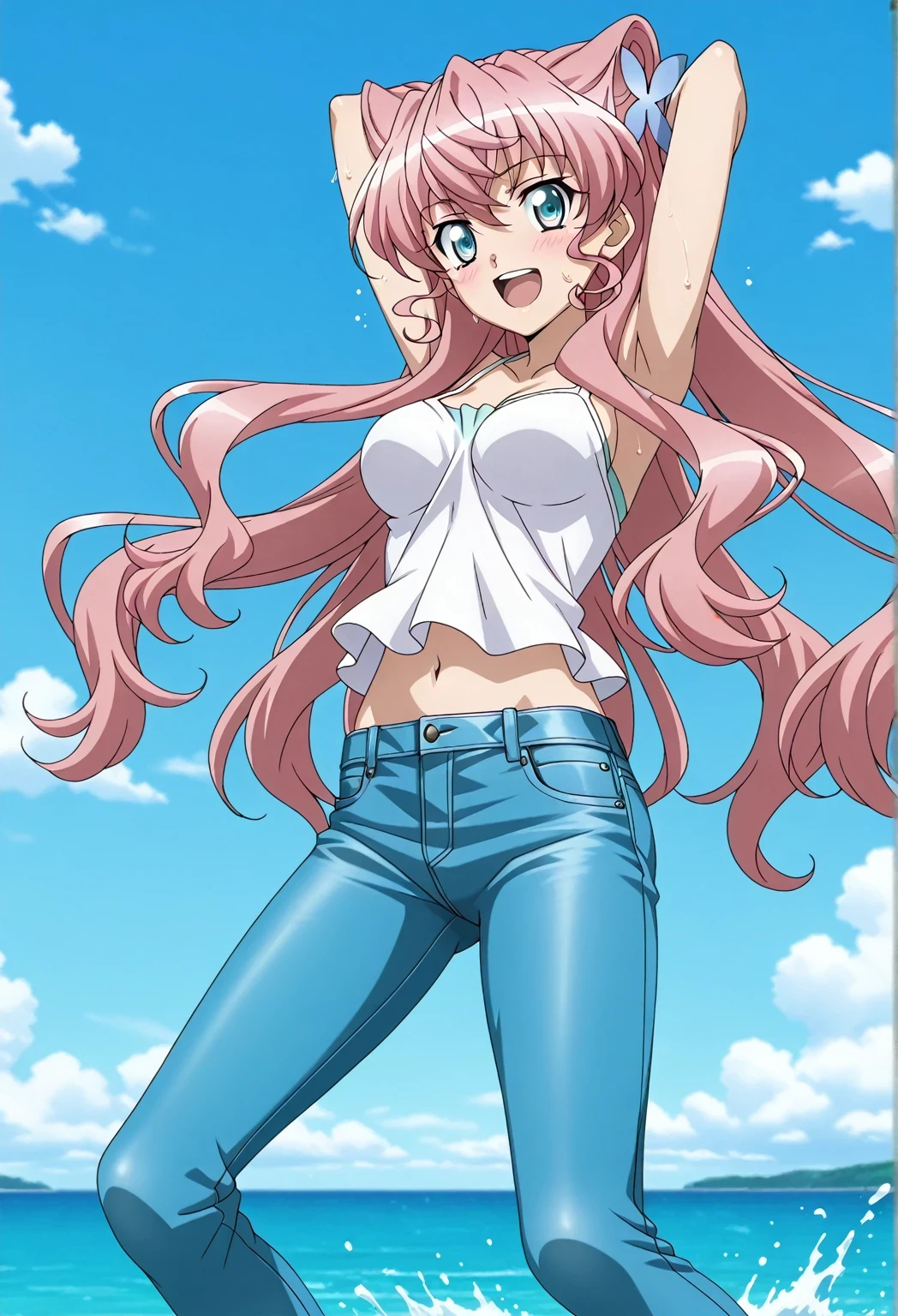 score_9, score_8_up, score_7_up, source_anime, highres, hi res, ((best quality, top quality, perfect quality, Highest Quality, amazing quality)), {{masterpiece}}, {{an extremely delicate and beautiful}}, 2d, intricate details, official style, anime, 8k, anime style, official_anime, official art, digital painting, cell shading, soft shading, high resolution, soothing tones, Subdued Color, Soft cinematic light, adobe lightroom, photolab, HDR, intricately and hyper-detailed, ((high quality animation)), 1 girl, Alone, solo, ((ocean)), tsunami, on the water, day, sunny, outdoors, sky, windy, Maria Cadenzavna Eve, senki zessho symphogear, pink hair, long hair, blue eyes, hair ornament, anime screencap, , white camisole top, crop top, white crop top, best quality, hyper-detailed jeans, ((blue jeans:1.9)), (dark blue jeans:0.6), full medium body, medium shot, Open mouth, smiling, happy face, blush, sweat, standing, ((arms behind head:6.0)), ((perfect arm line:2.5)), bowlegged, jumping pose, action, looking at viewer, , Bend knees slightly, straight-on front view